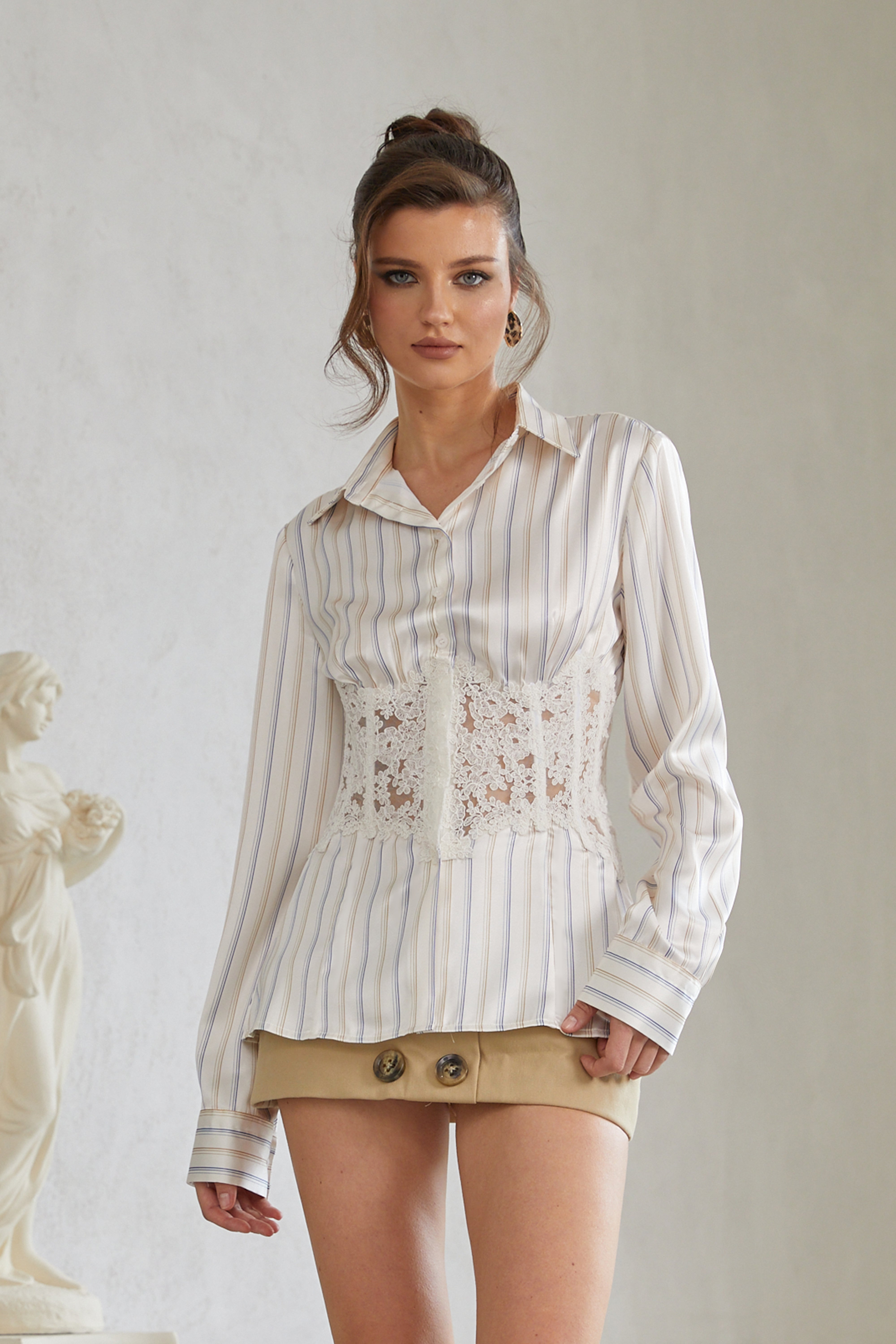 Vertical Striped Button-Up Shirt with Integrated White Lace Corset Waist and Long Sleeves