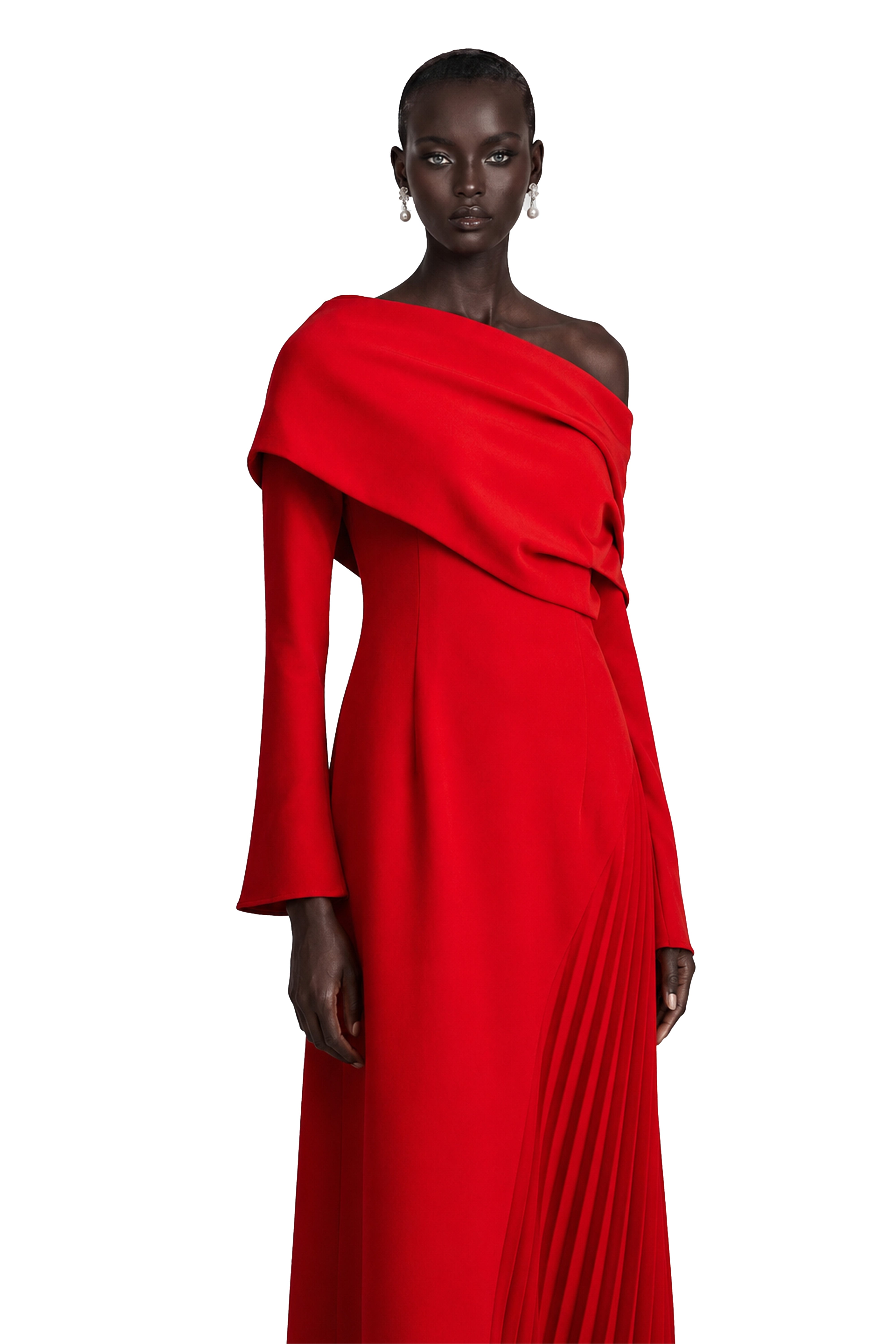 Red off-the-shoulder long-sleeve dress with a pleated skirt panel