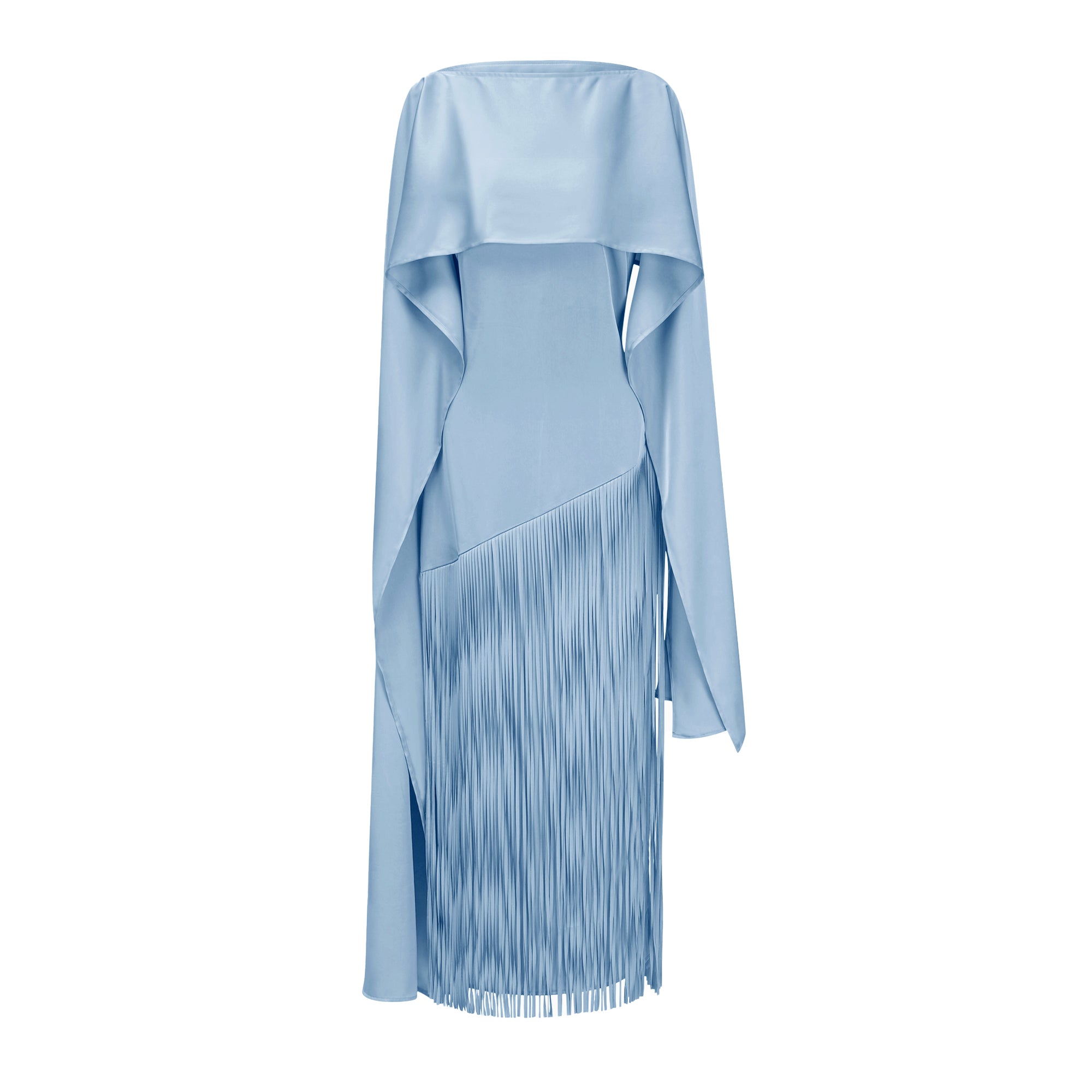Light blue cape-style gown with a long fringed skirt