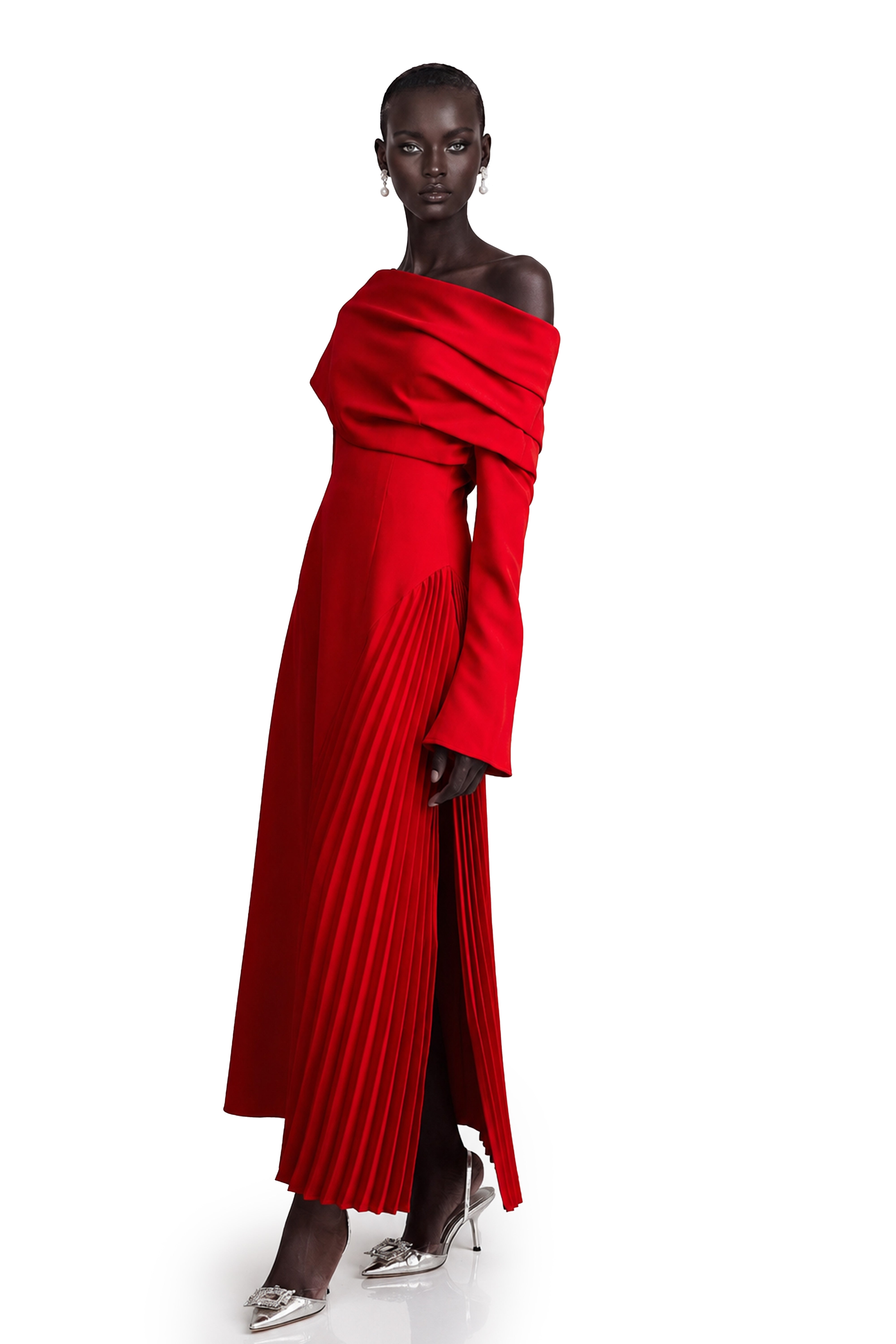Red off-the-shoulder long-sleeve dress with a pleated skirt panel