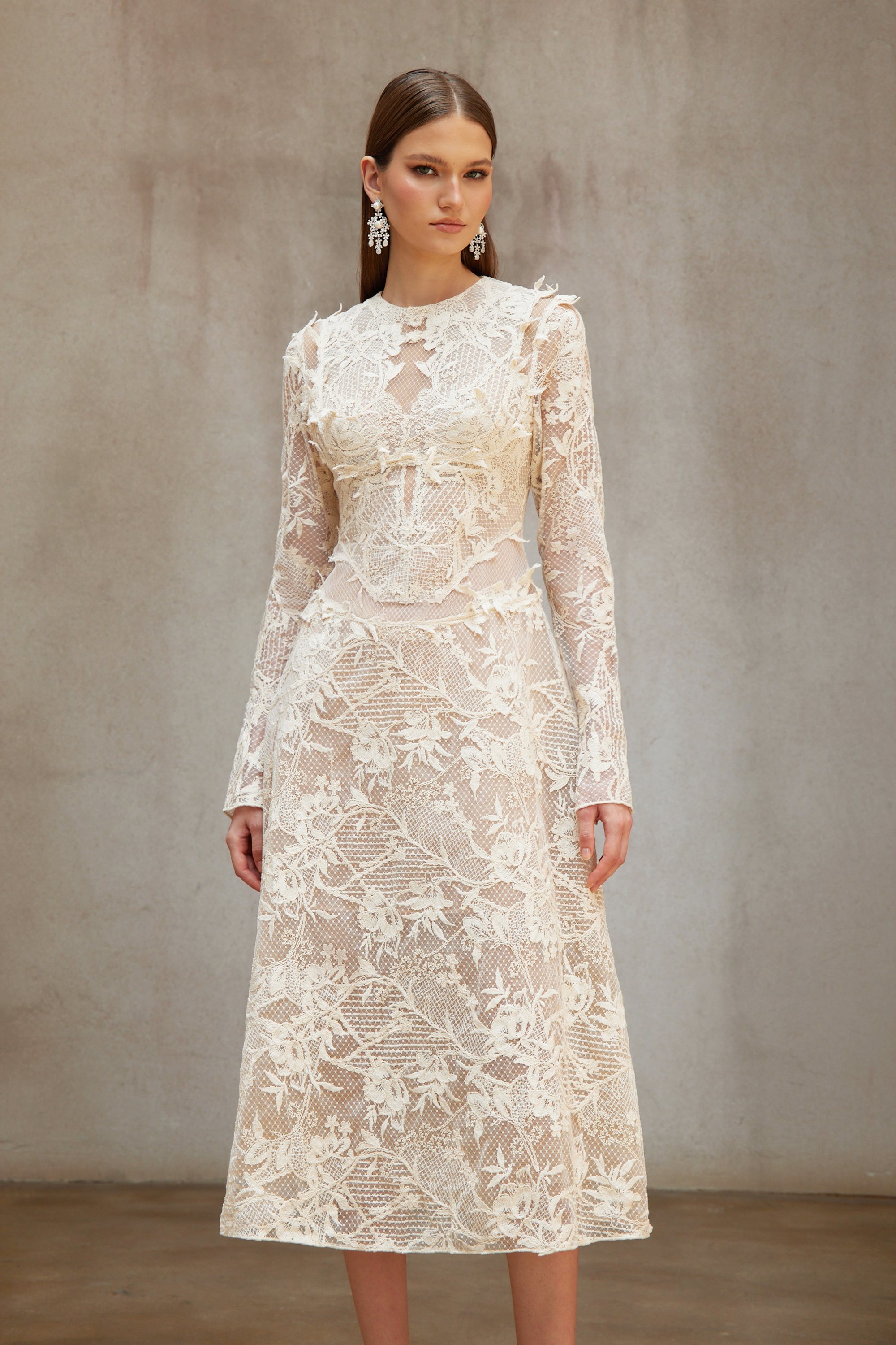 Amber White Long Sleeve Floral Lace Midi Dress