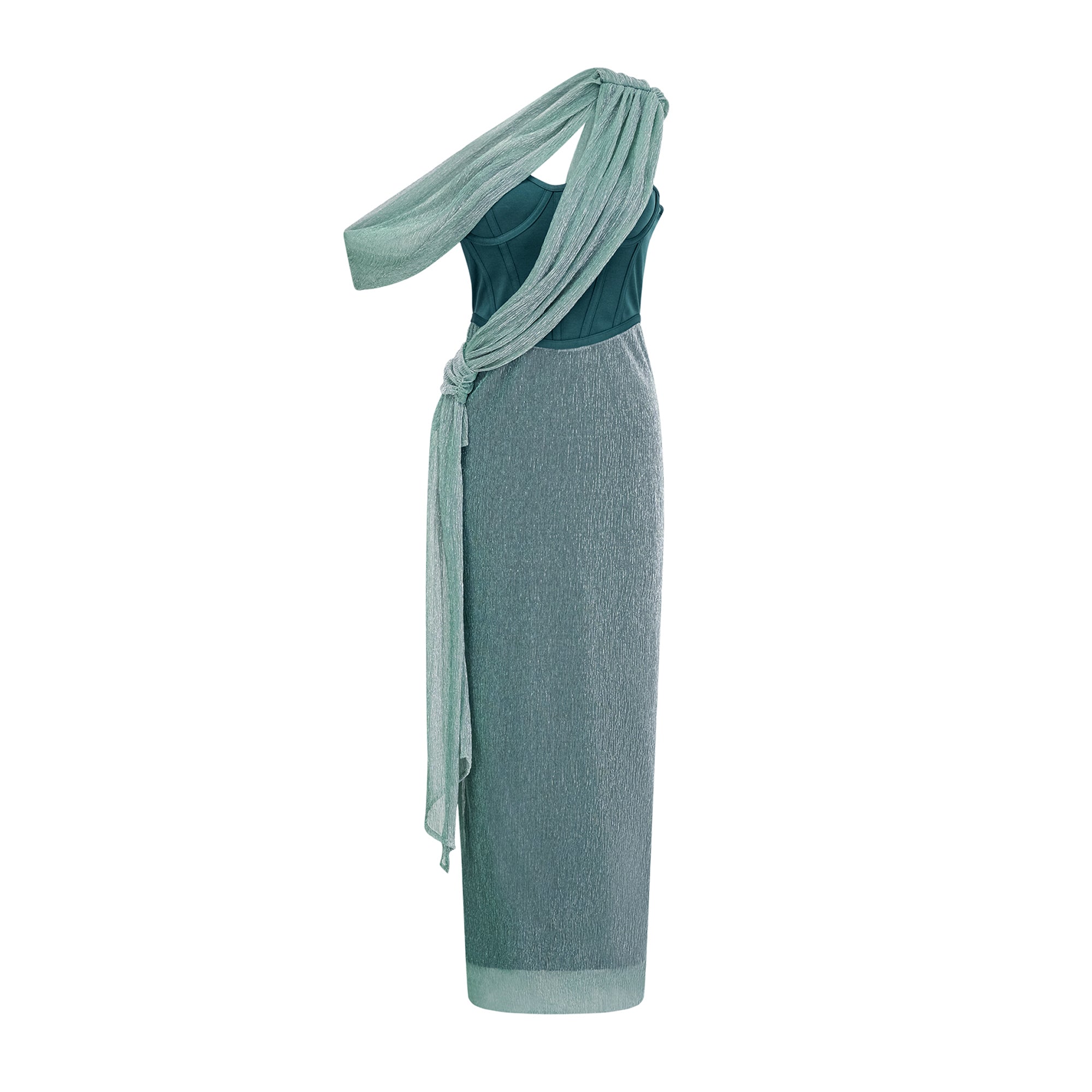 Mint green metallic draped maxi gown with a teal corset bodice