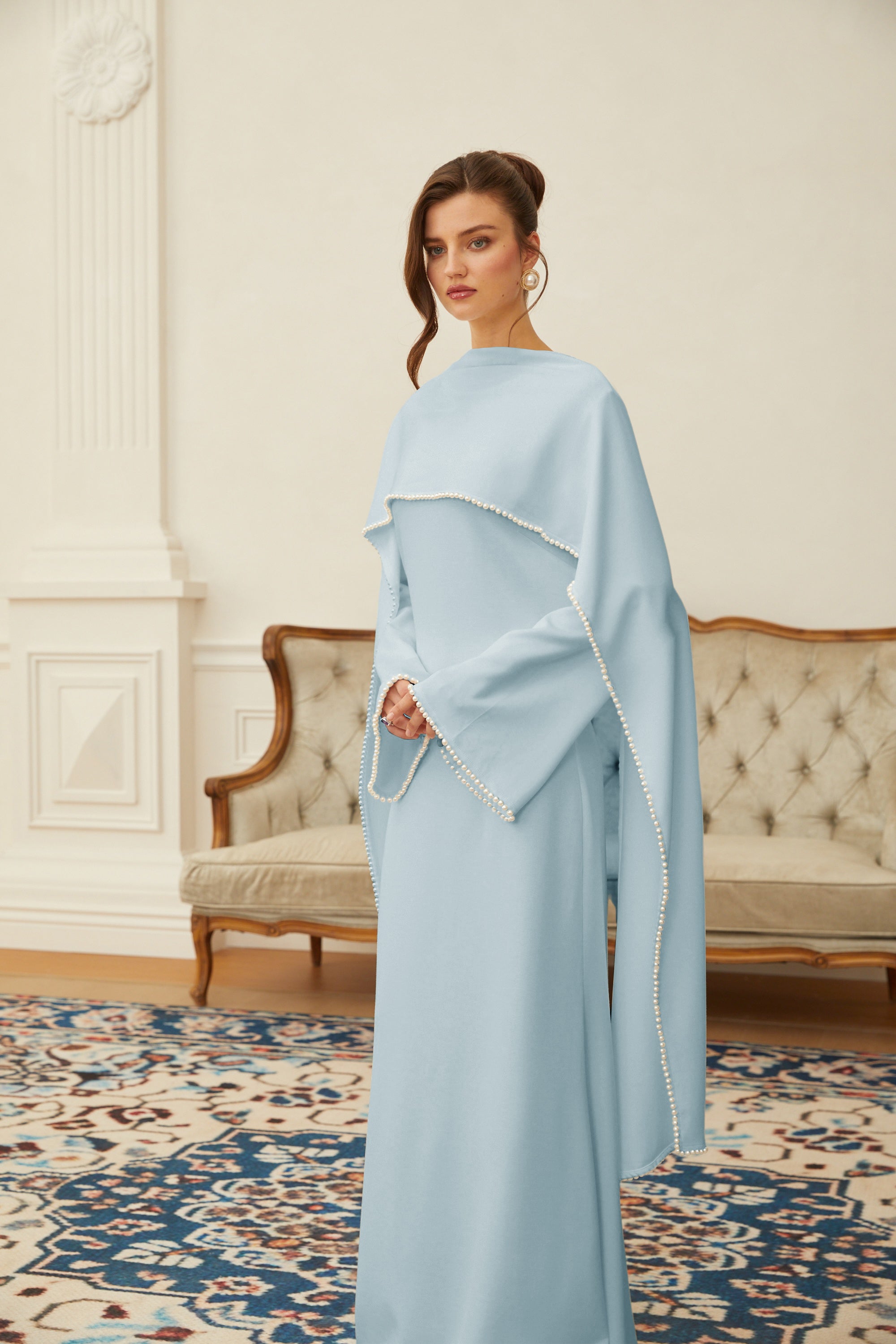 Pearl Trim Shawl Detail Maxi Dress