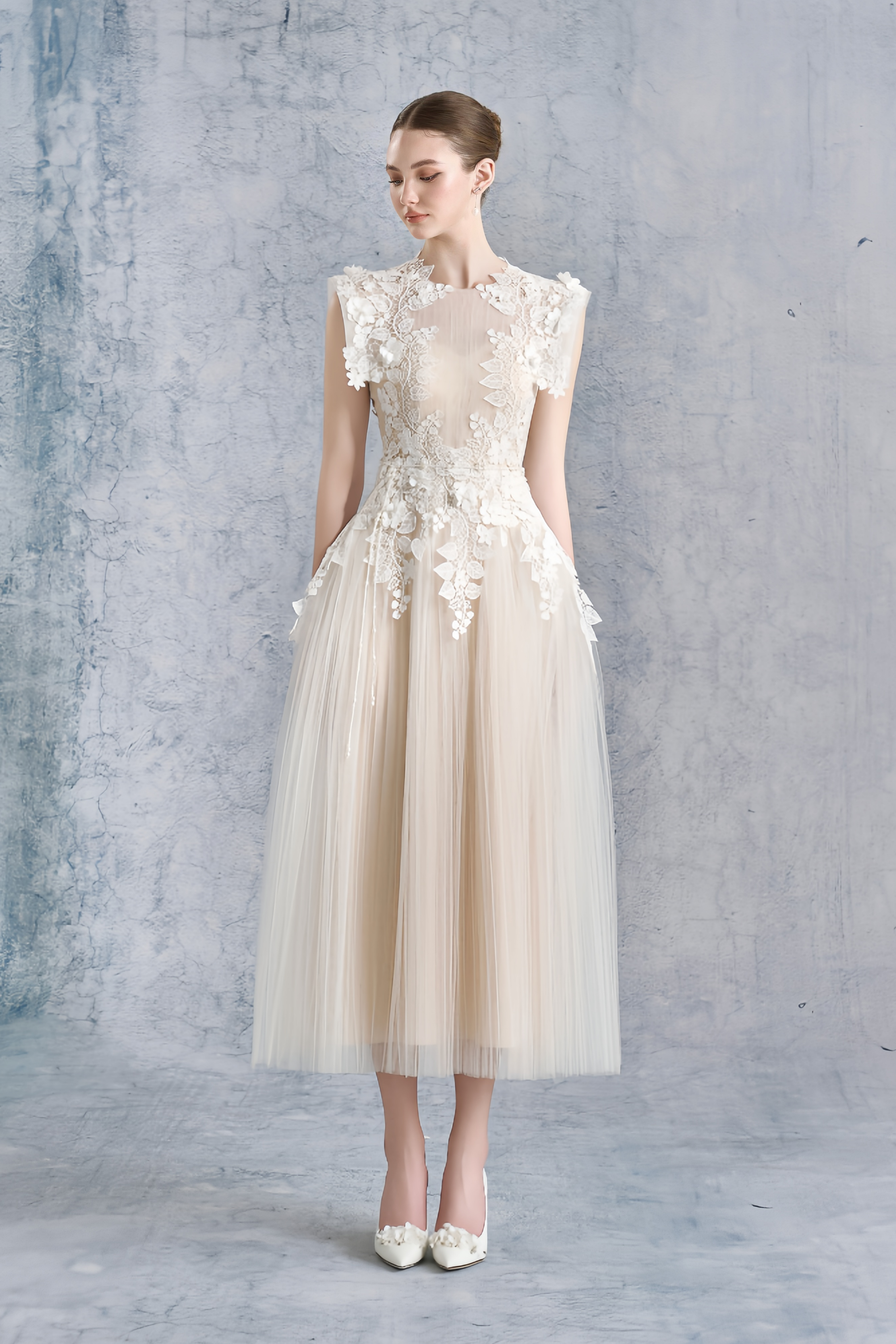 Flower-Appliqué Tulle Midi Dress