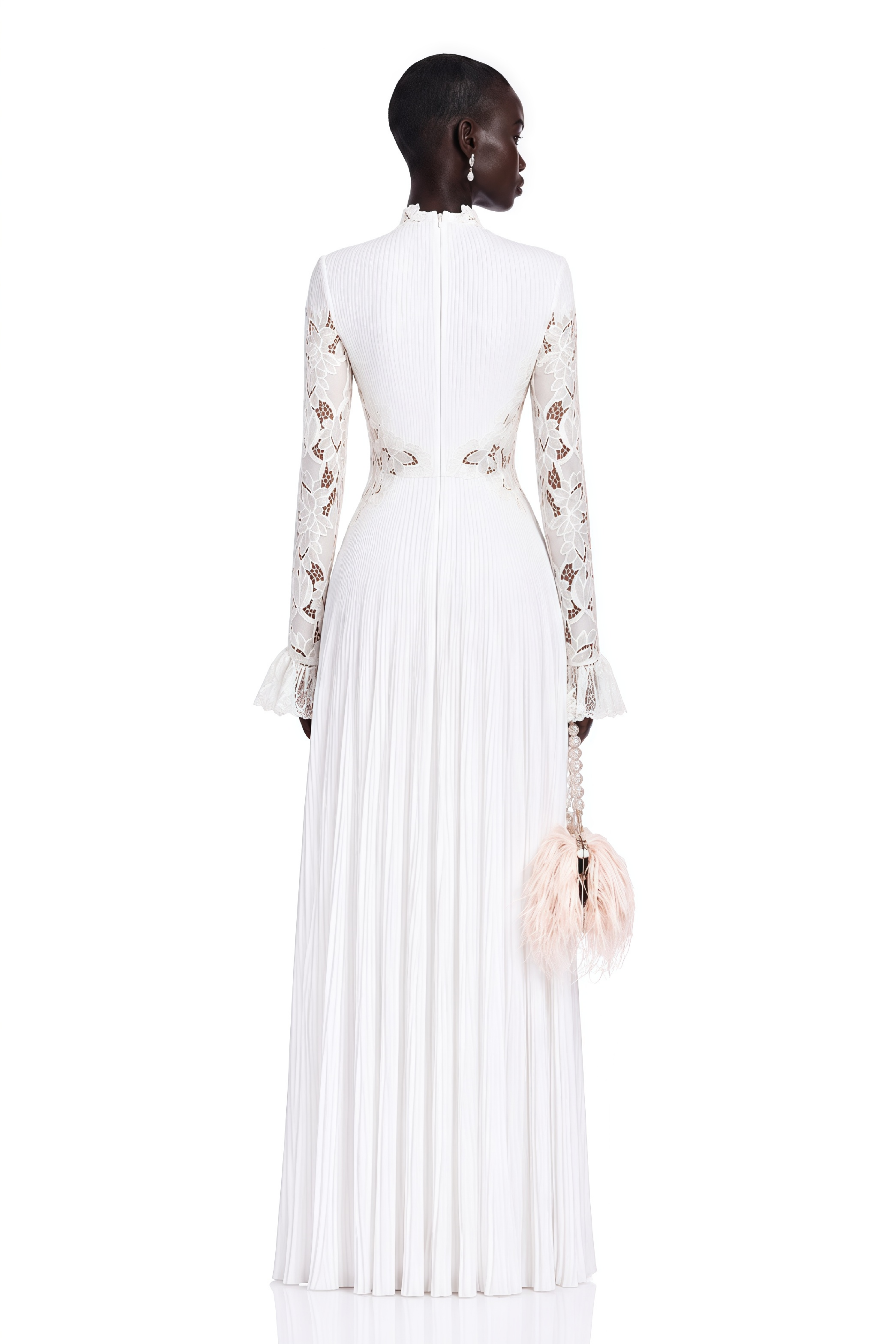 Chiara White Lace Panel Pleated Midi Dress