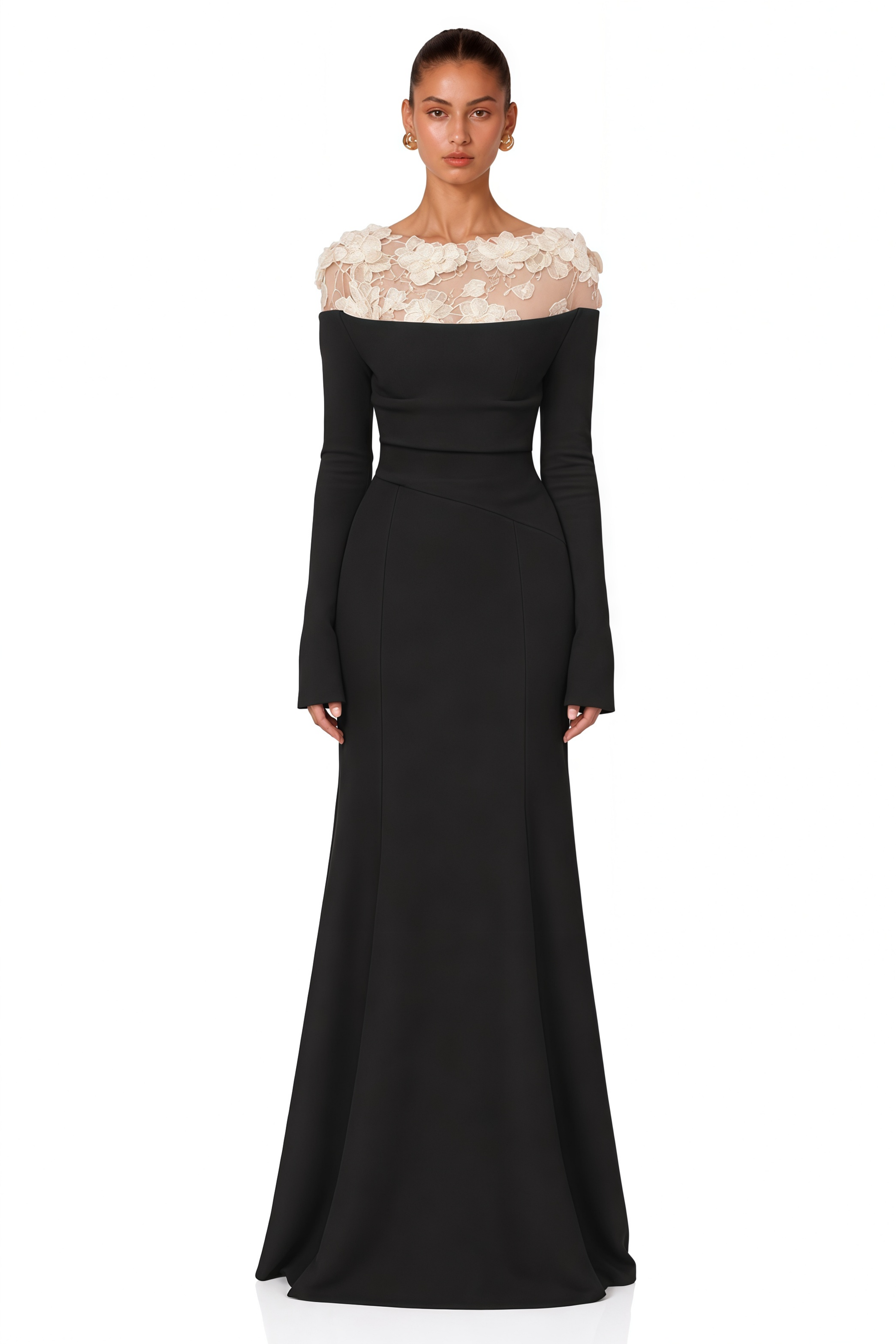 Silvia Black Floral Appliqué Off-Shoulder Gown – Miss Rosier