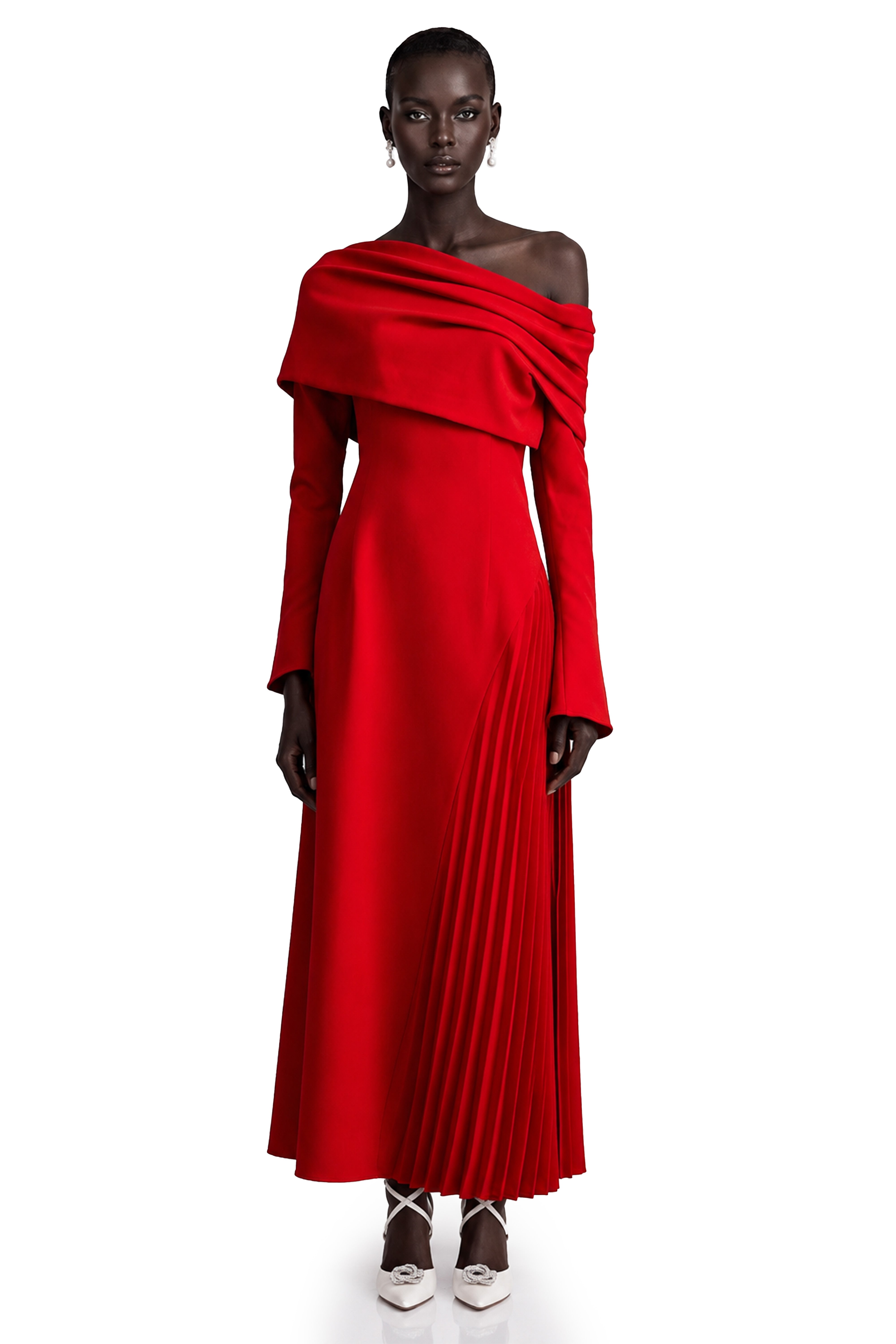 Red off-the-shoulder long-sleeve dress with a pleated skirt panel