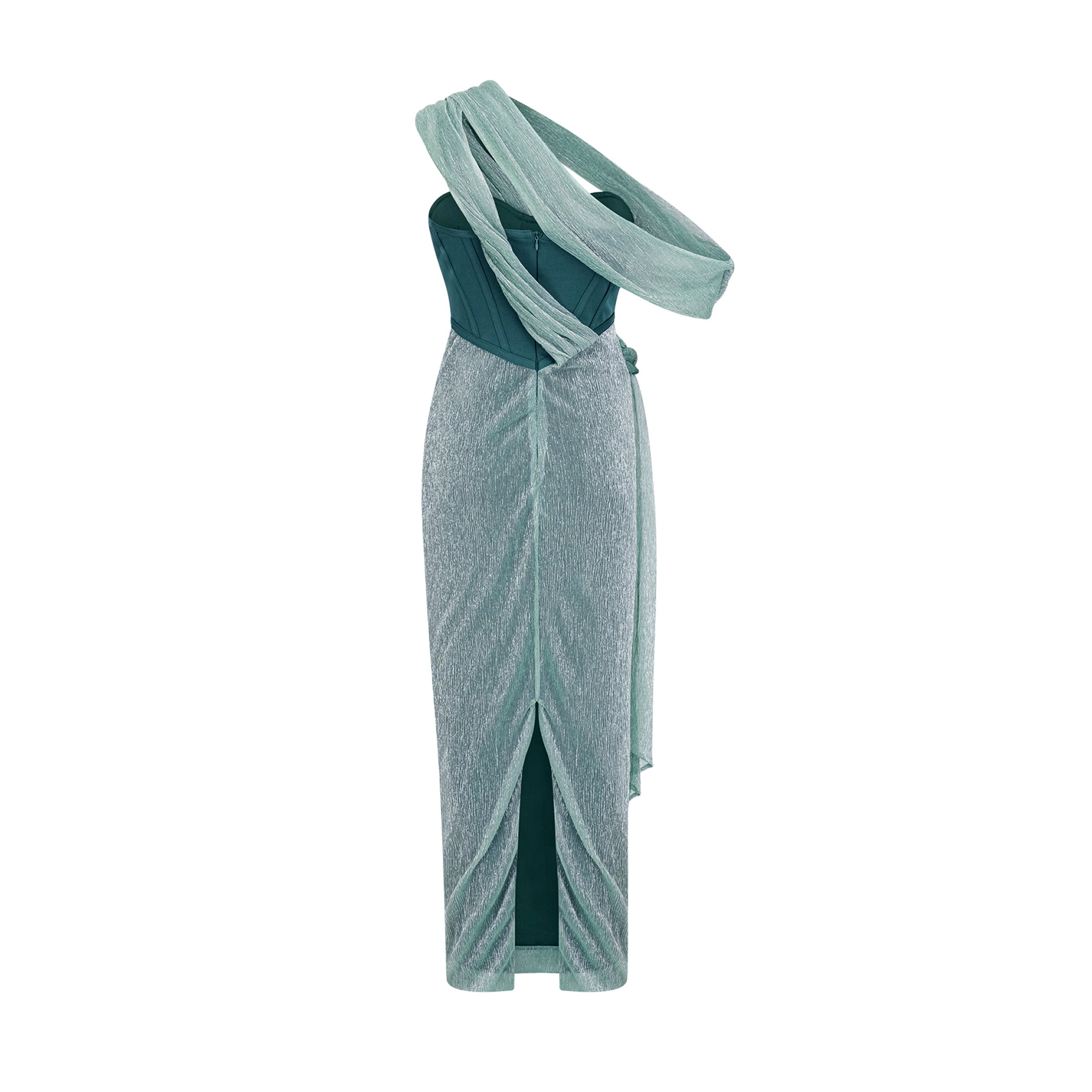 Mint green metallic draped maxi gown with a teal corset bodice