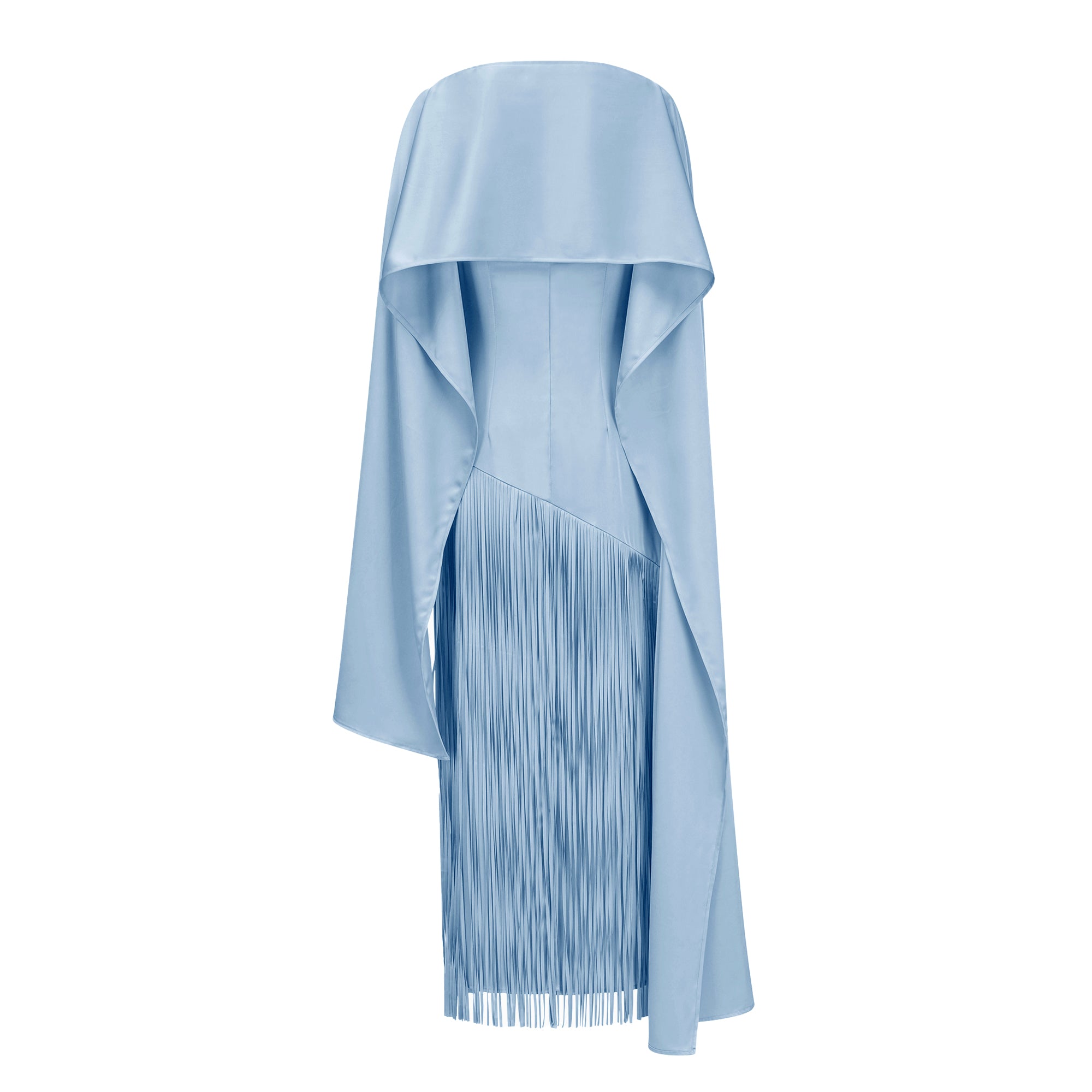 Light blue cape-style gown with a long fringed skirt