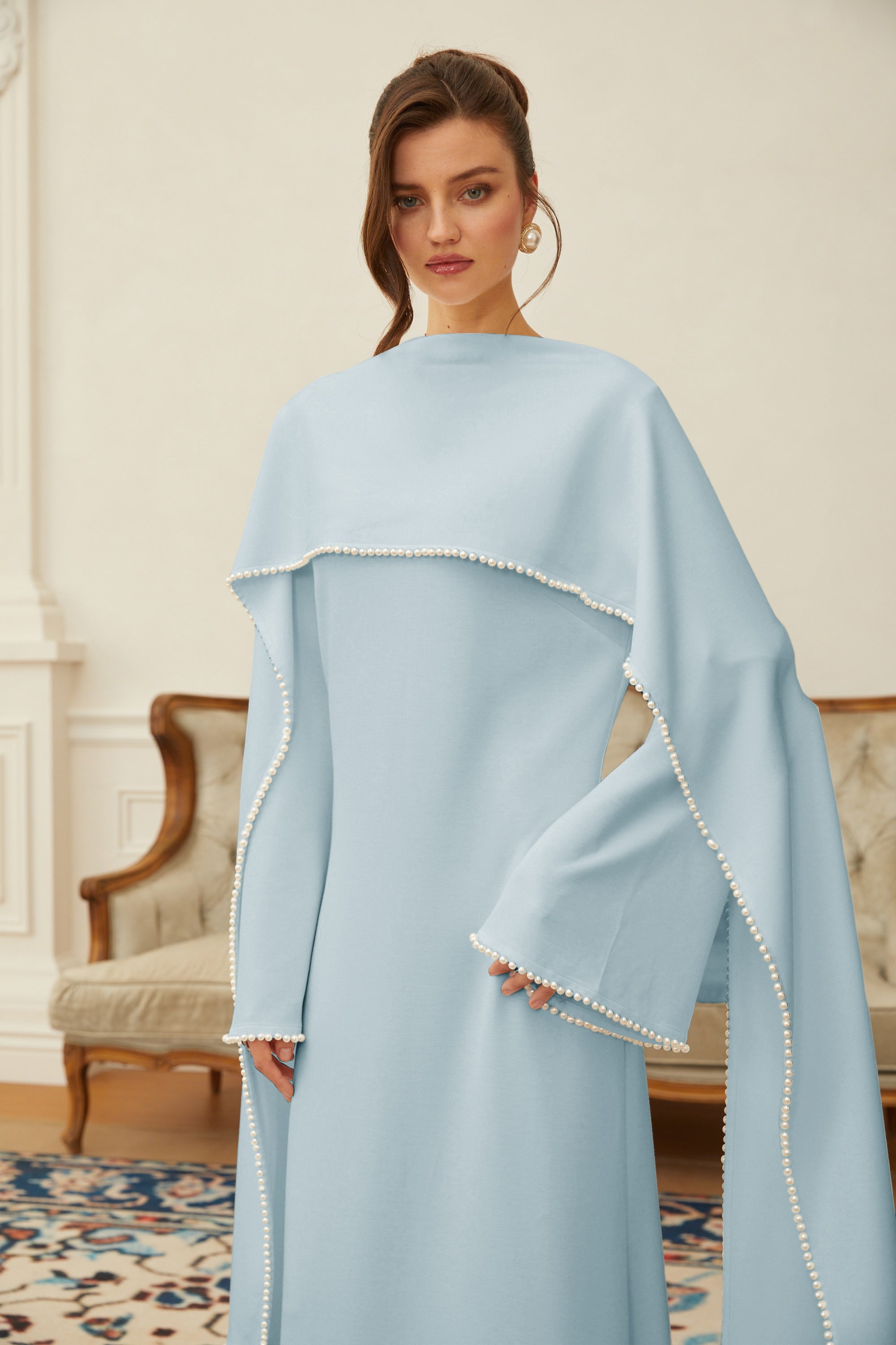 Pearl Trim Shawl Detail Maxi Dress