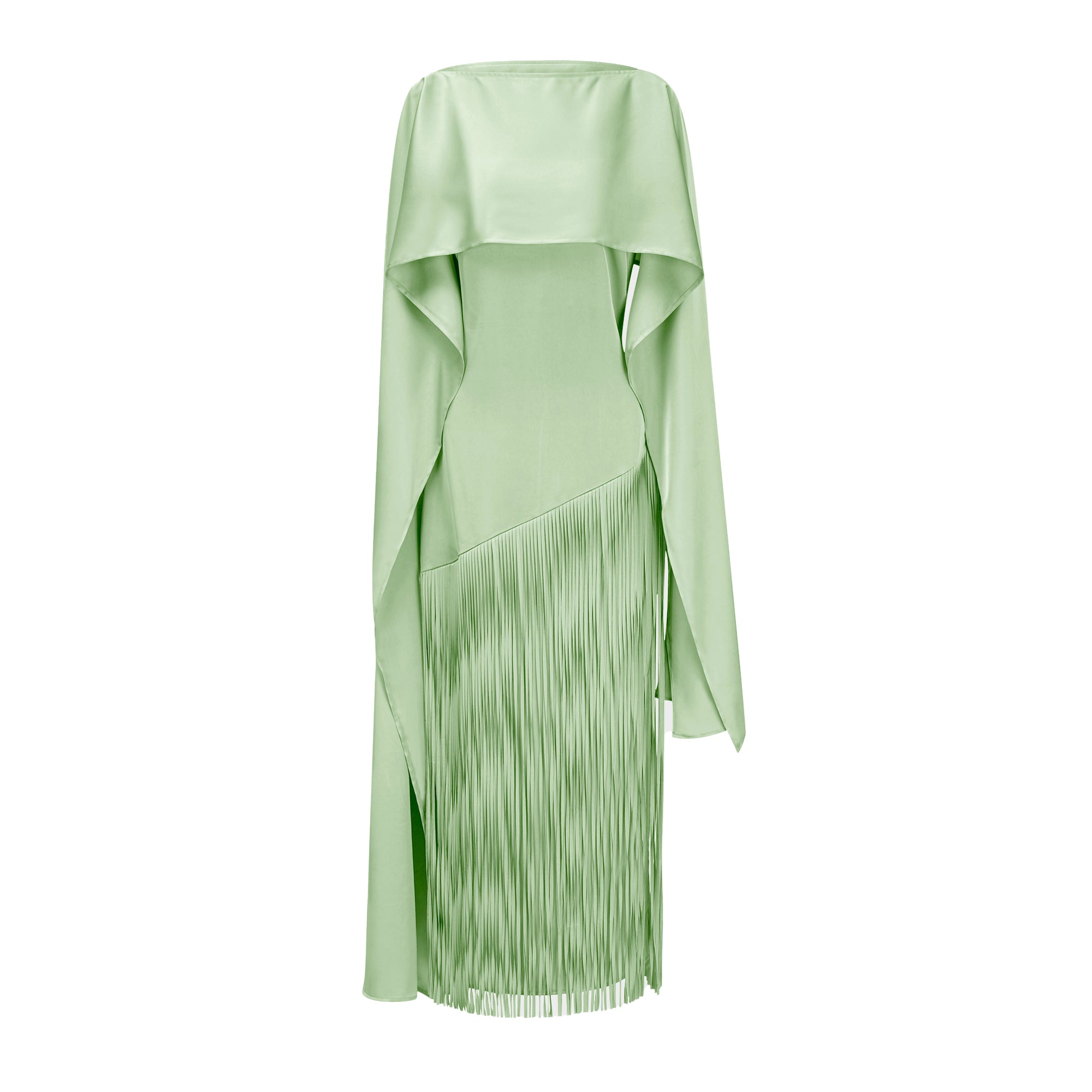 Mint Green Cape Maxi Dress with Long Fringe Skirt and Asymmetrical Hem