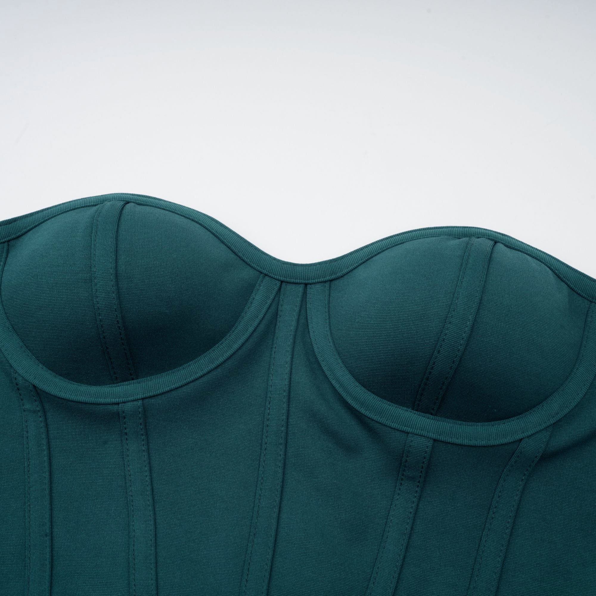 Mint green metallic draped maxi gown with a teal corset bodice