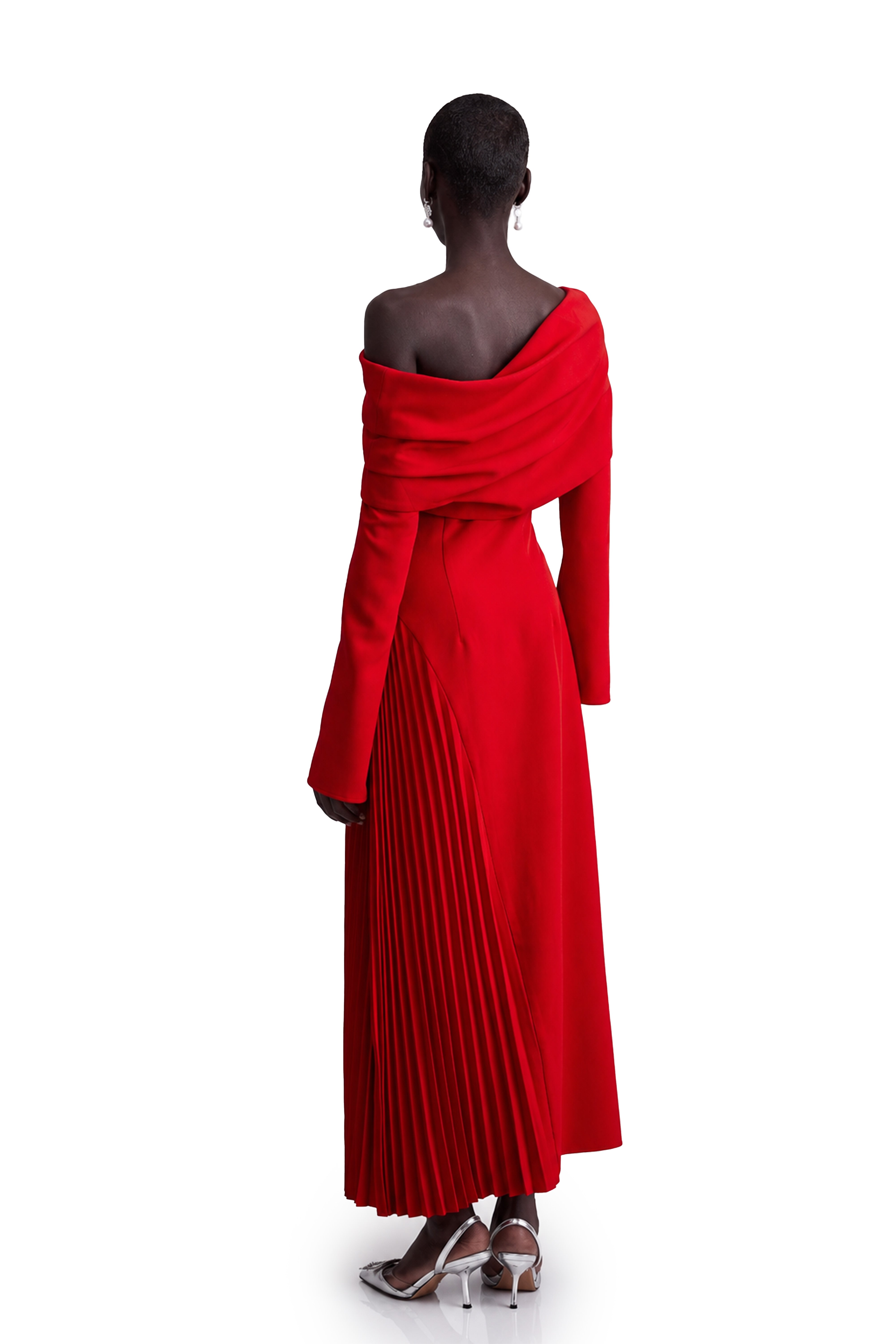 Red off-the-shoulder long-sleeve dress with a pleated skirt panel
