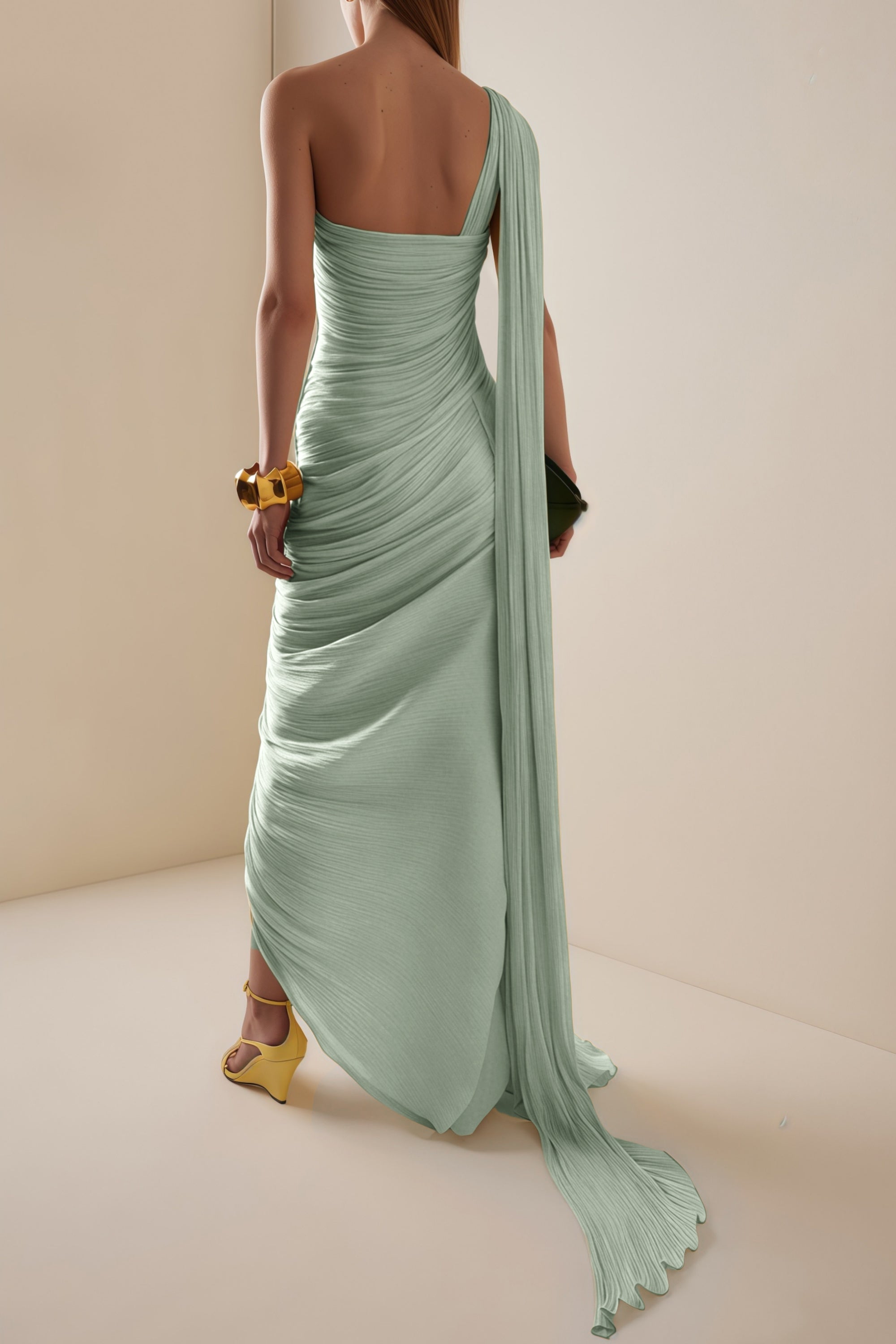 Light green one-shoulder pleated maxi dress with a high slit