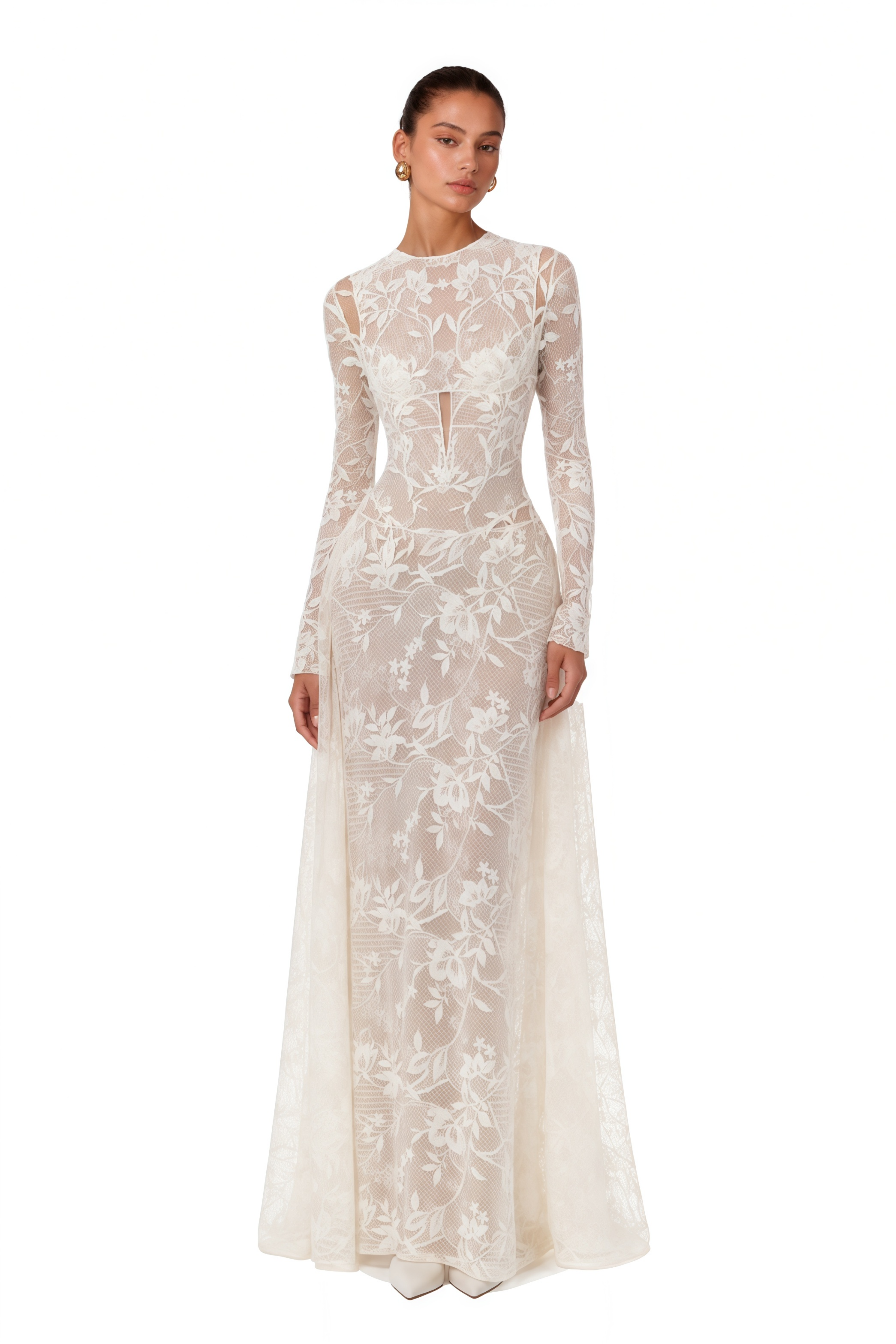 Amber White Long Sleeve Floral Lace Midi Dress