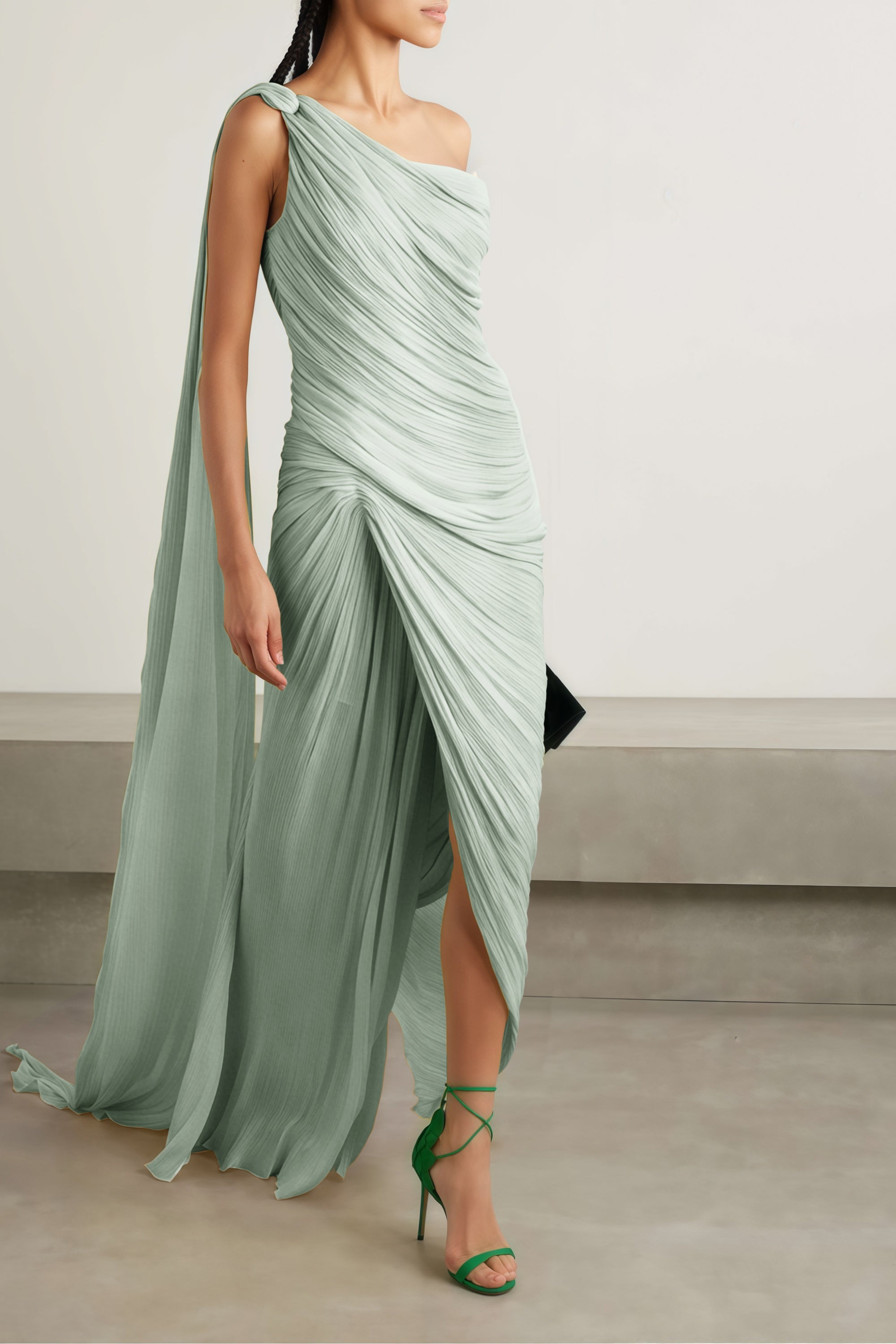 Light green one-shoulder pleated maxi dress with a high slit