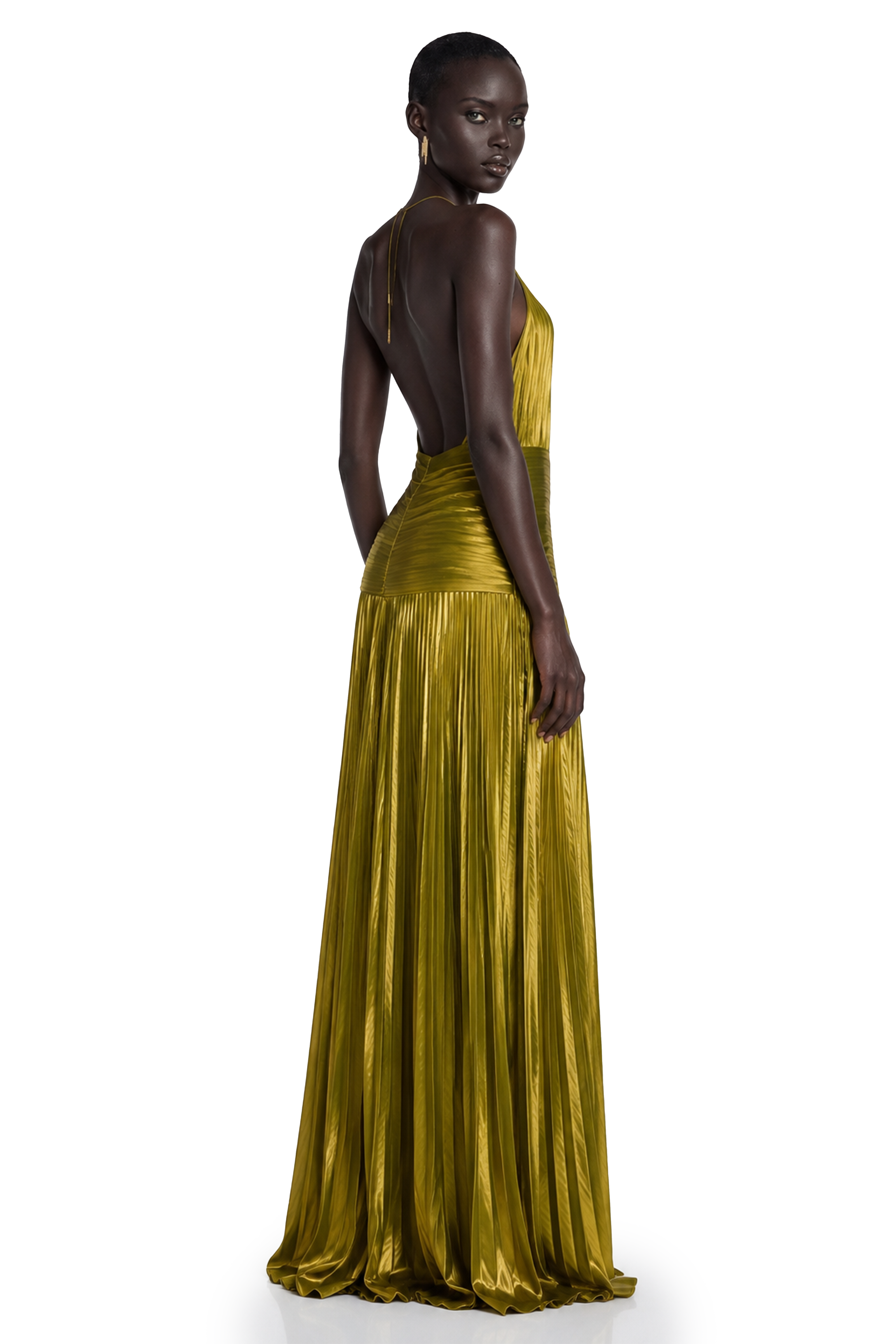 Olive green metallic halter gown with a pleated skirt and high slit