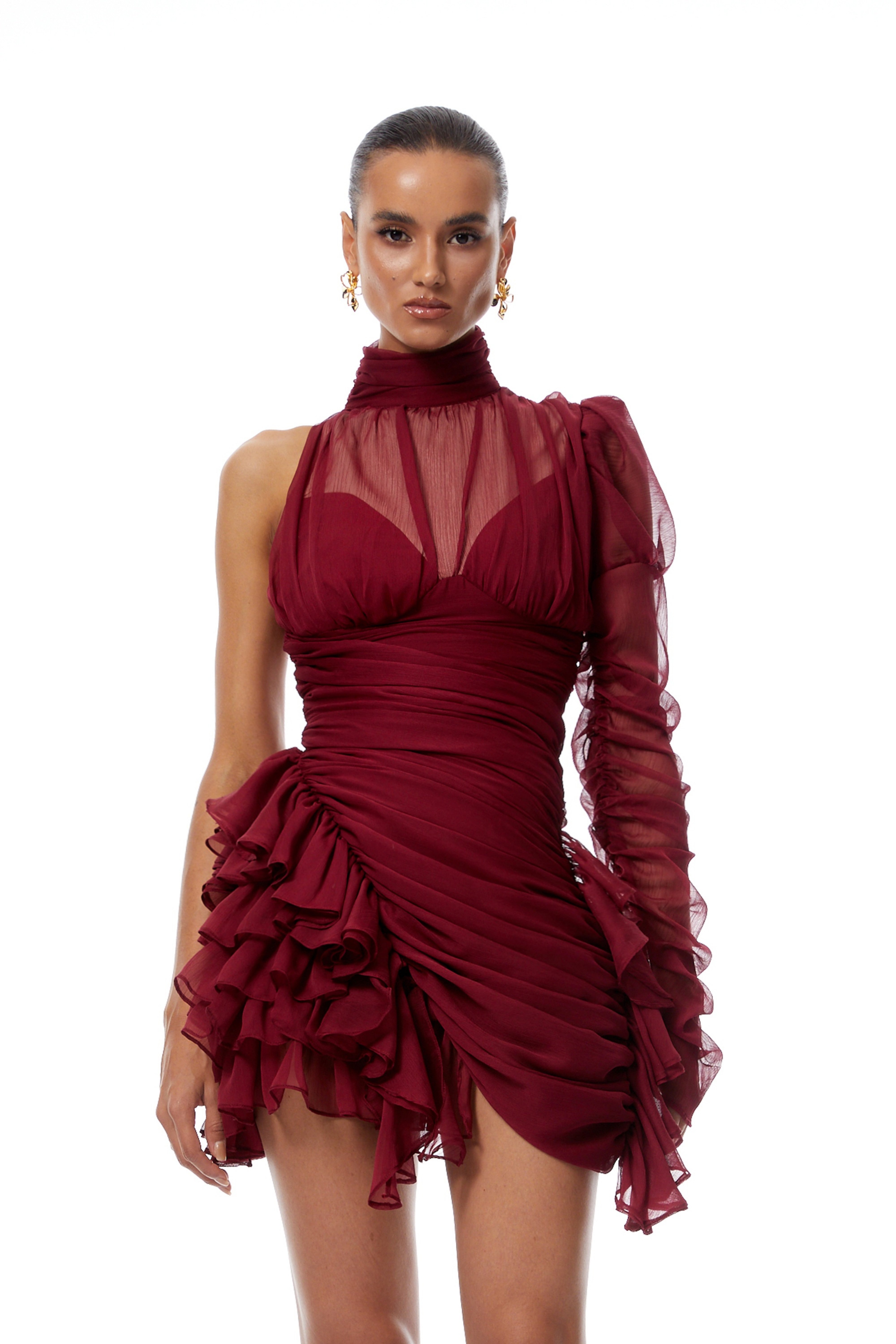 Burgundy Asymmetrical Ruffled Tulle Mini Dress