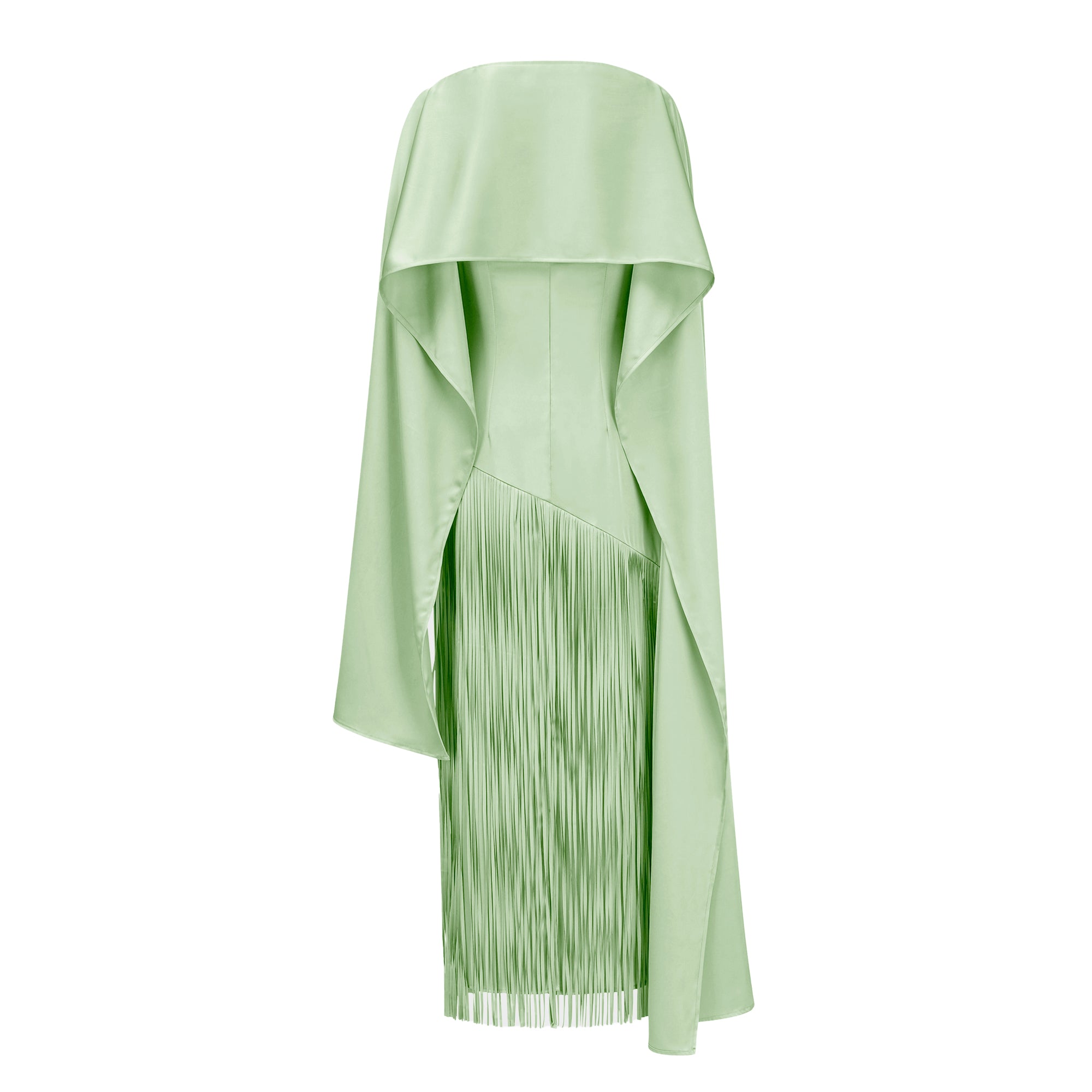 Mint Green Cape Maxi Dress with Long Fringe Skirt and Asymmetrical Hem