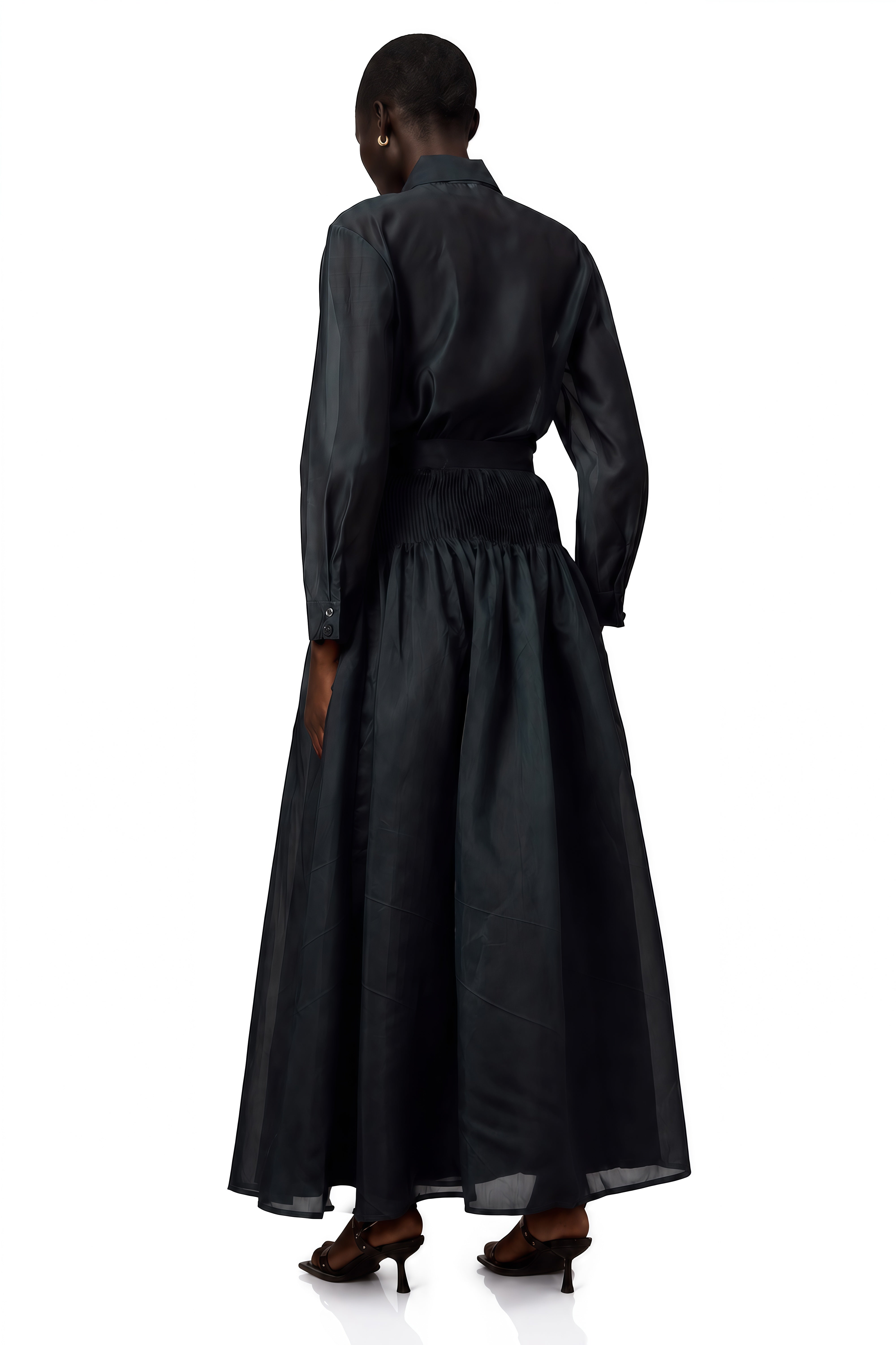 Black long-sleeve maxi dress with a pussy-bow neckline