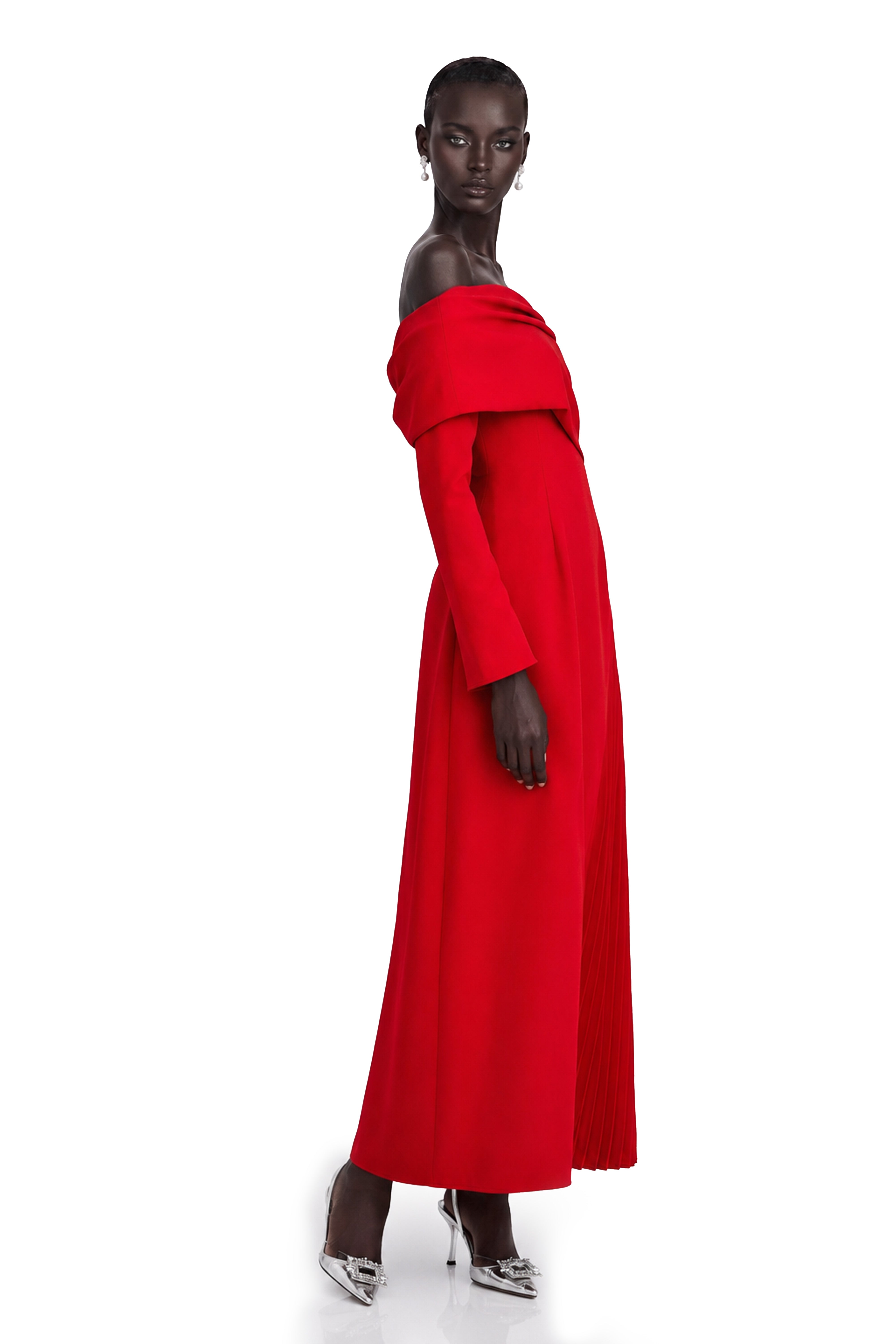 Red off-the-shoulder long-sleeve dress with a pleated skirt panel