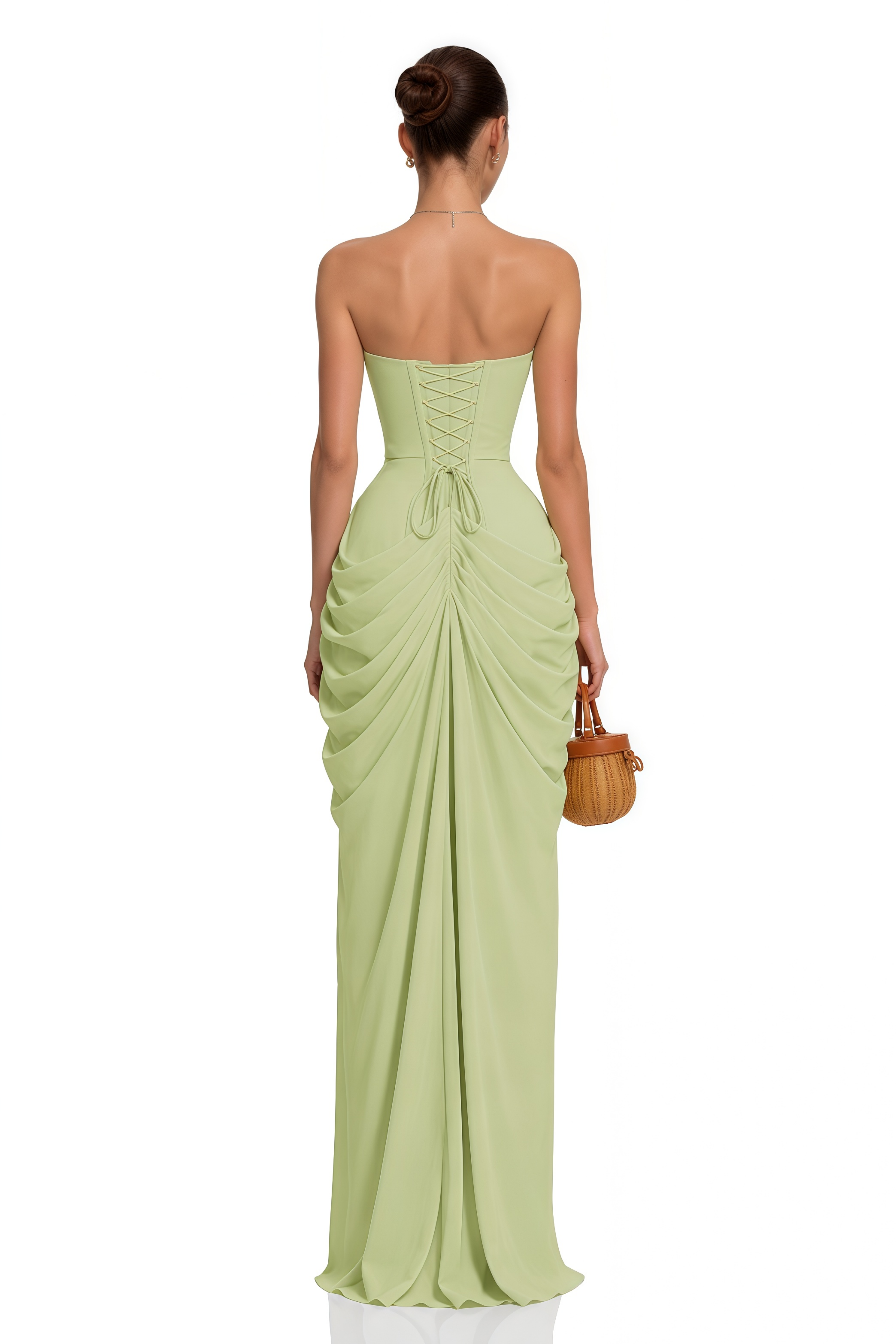 Safiya Green Ruched Maxi Dress with Cross Front