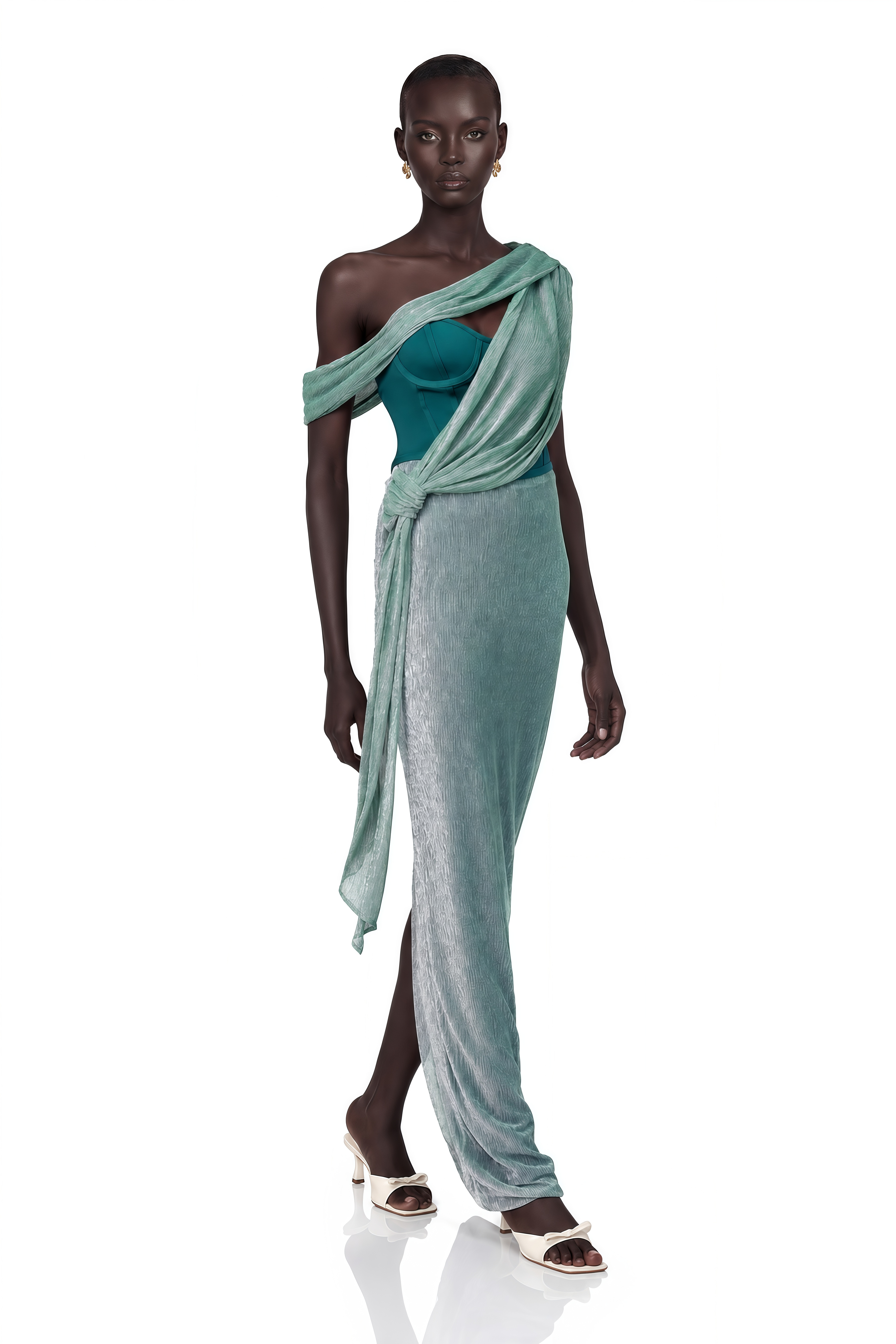 Mint green metallic draped maxi gown with a teal corset bodice