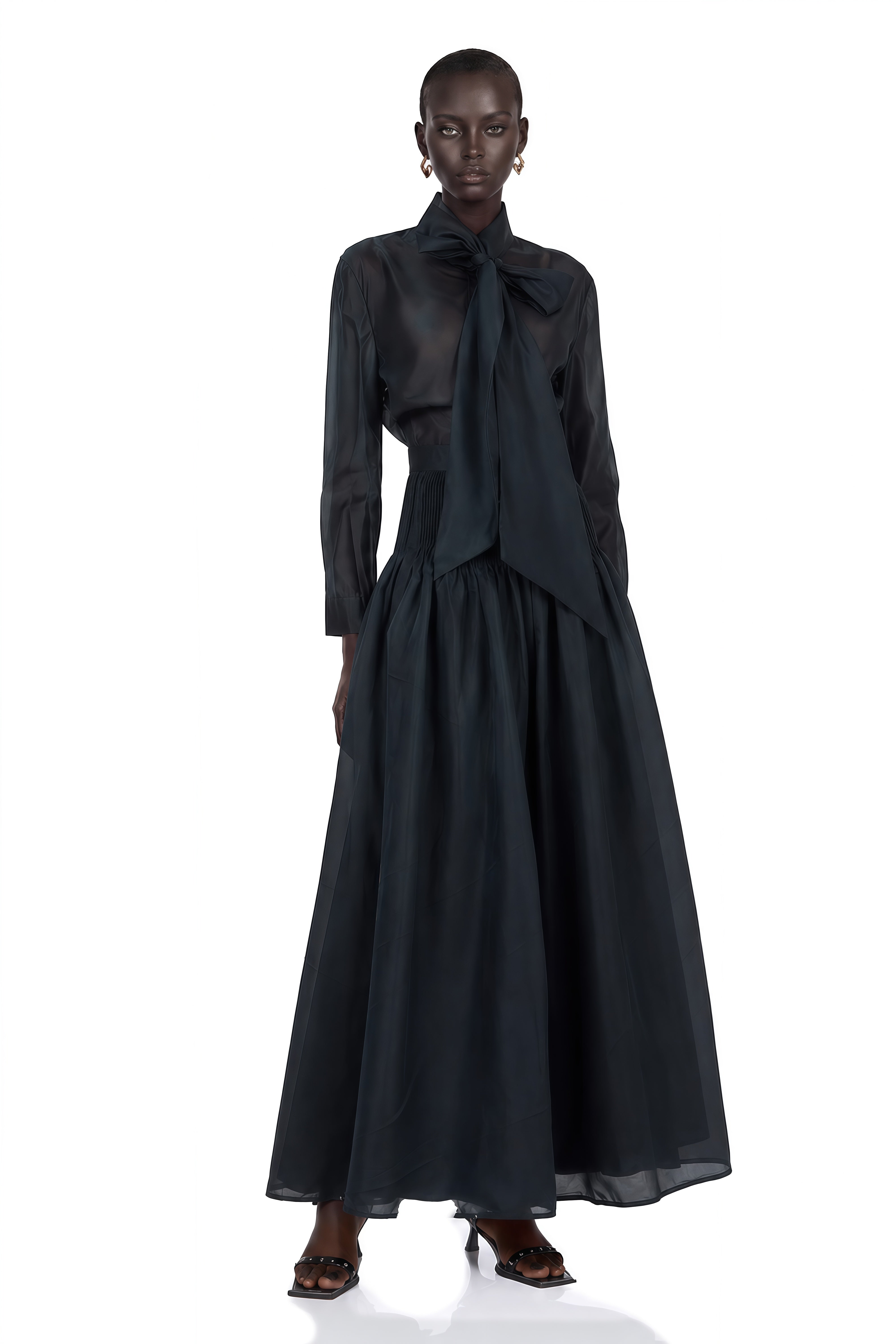 Black long-sleeve maxi dress with a pussy-bow neckline