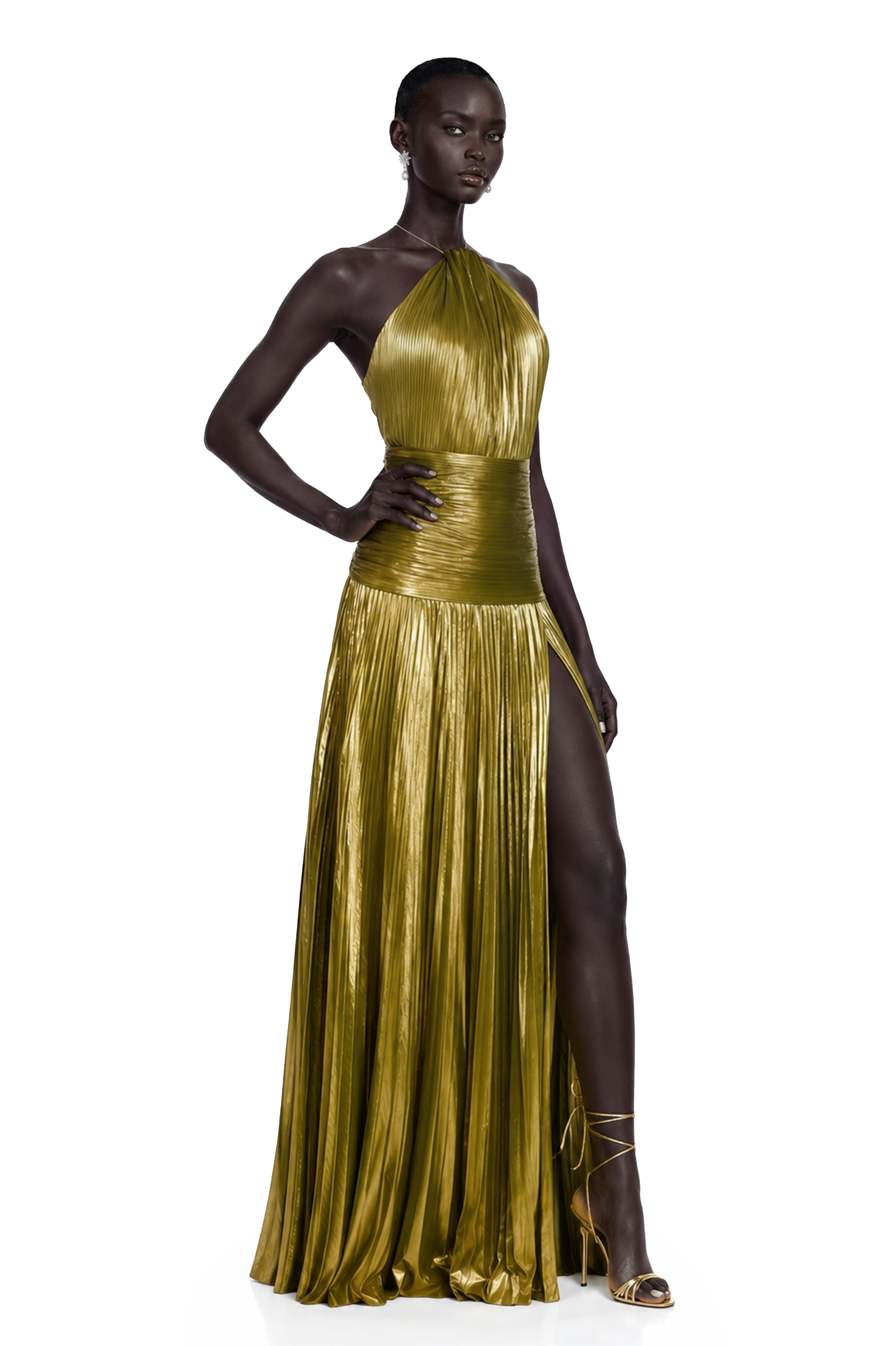 Olive green metallic halter gown with a pleated skirt and high slit