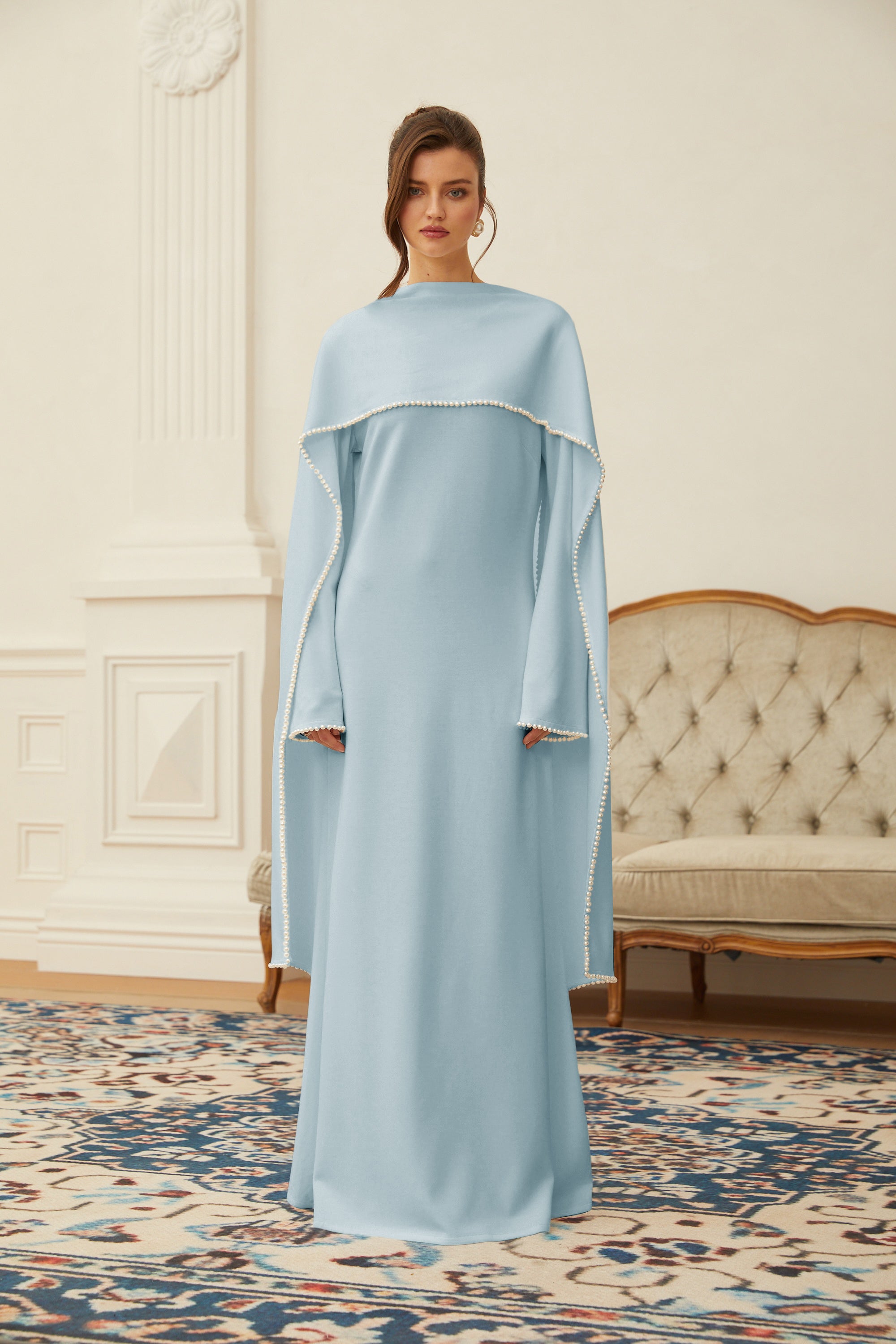 Pearl Trim Shawl Detail Maxi Dress