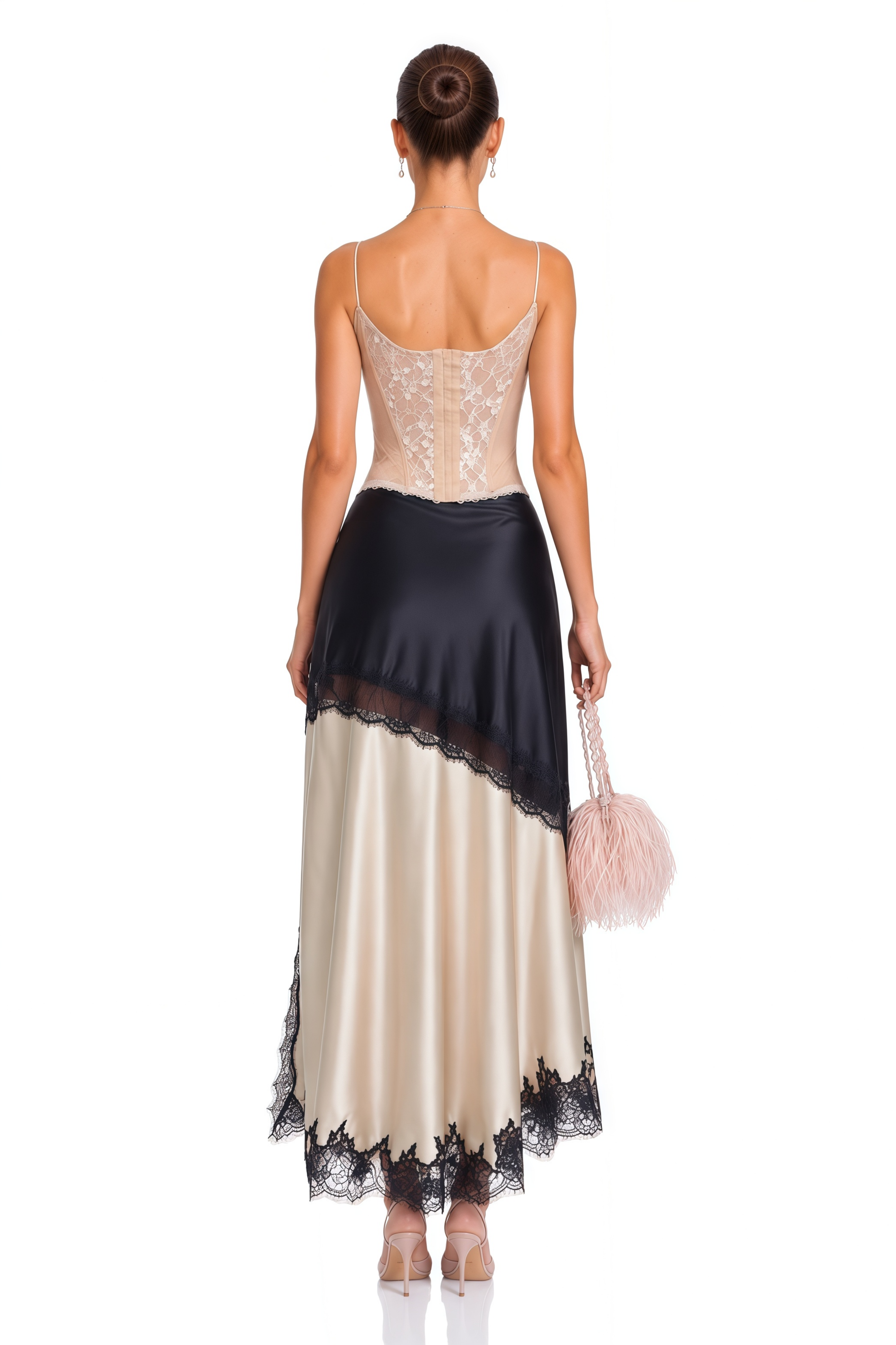 Raphaëlle lace-panel asymmetrical satin skirt