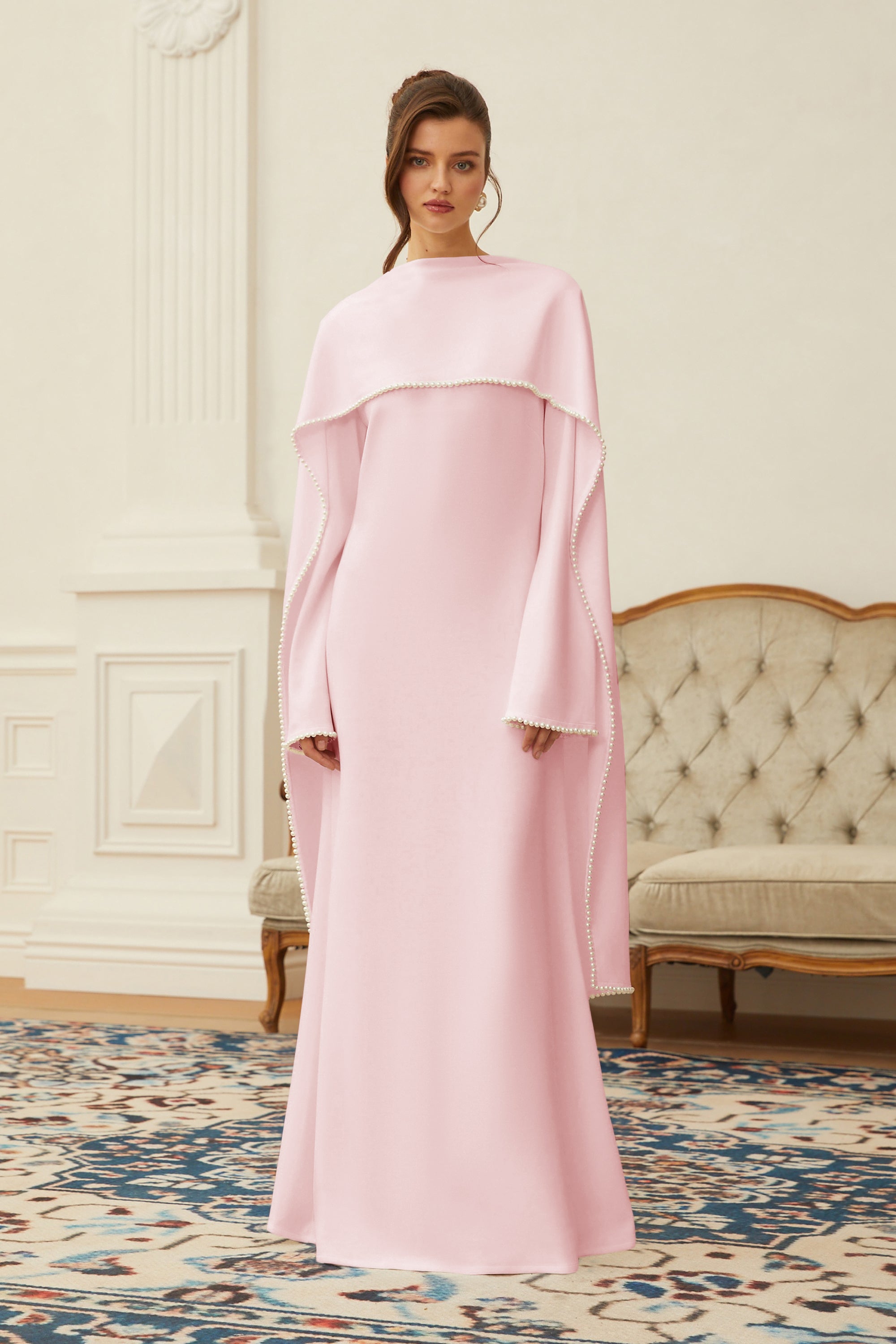 Pale pink long-sleeve maxi dress with a matching beaded cape overlay