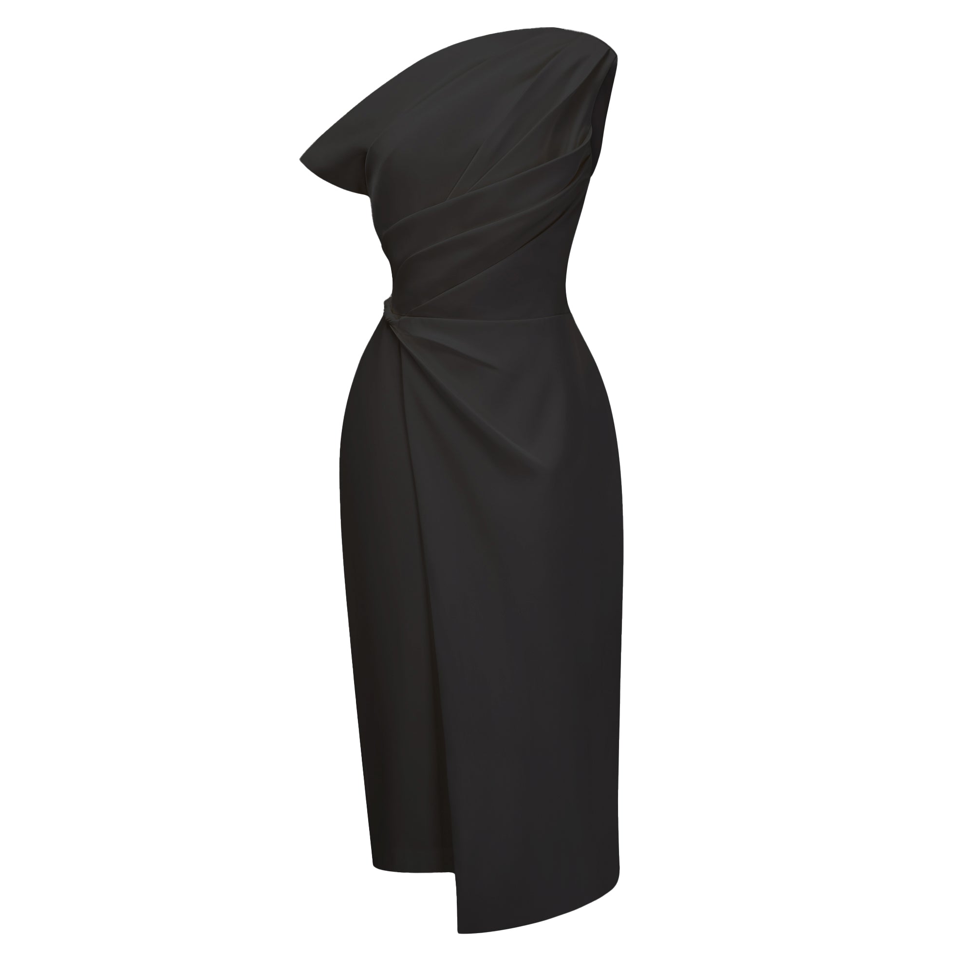 Black midi dress with a pleated asymmetrical neckline and a draped wrap skirt