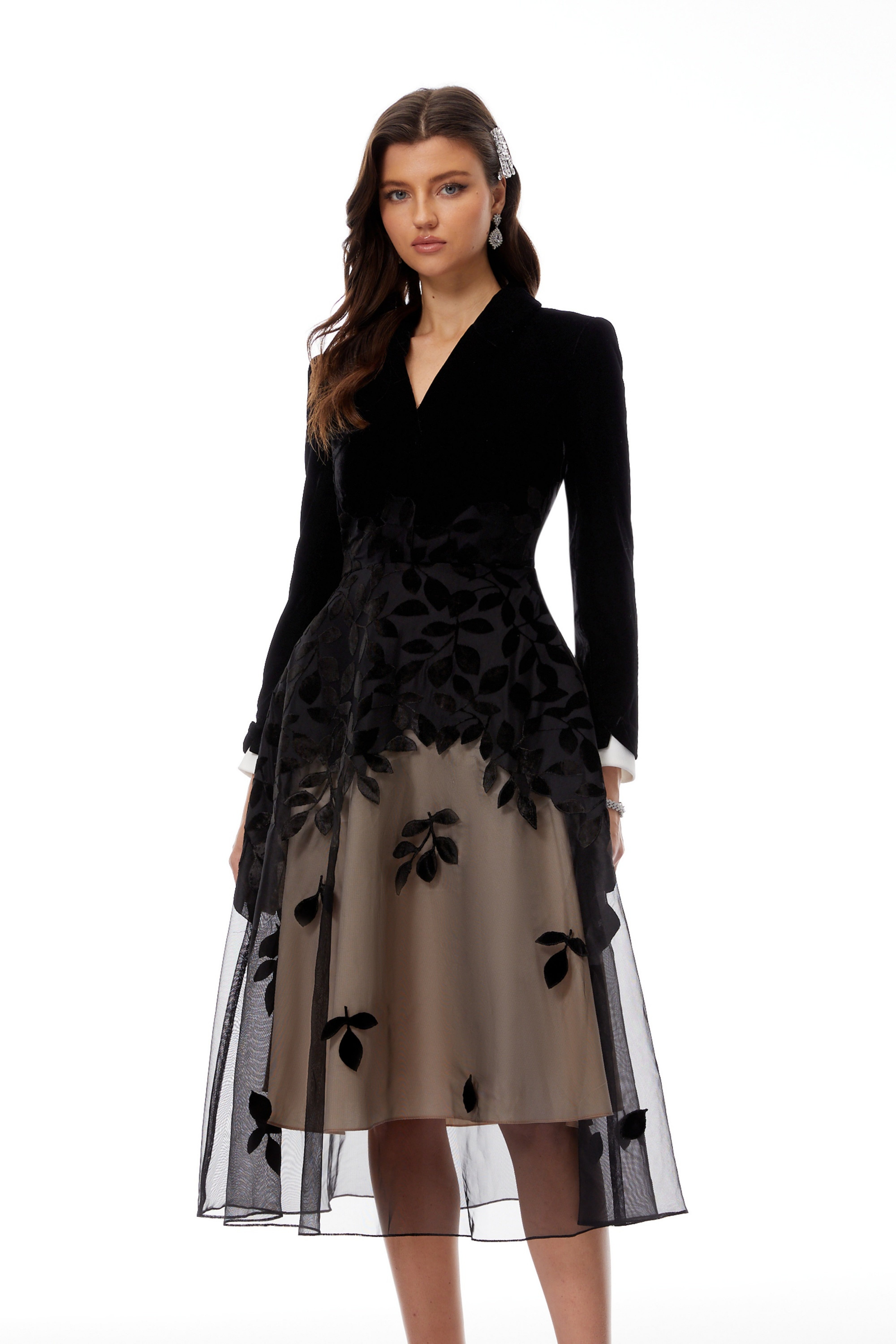 Black velvet floral mesh midi dress