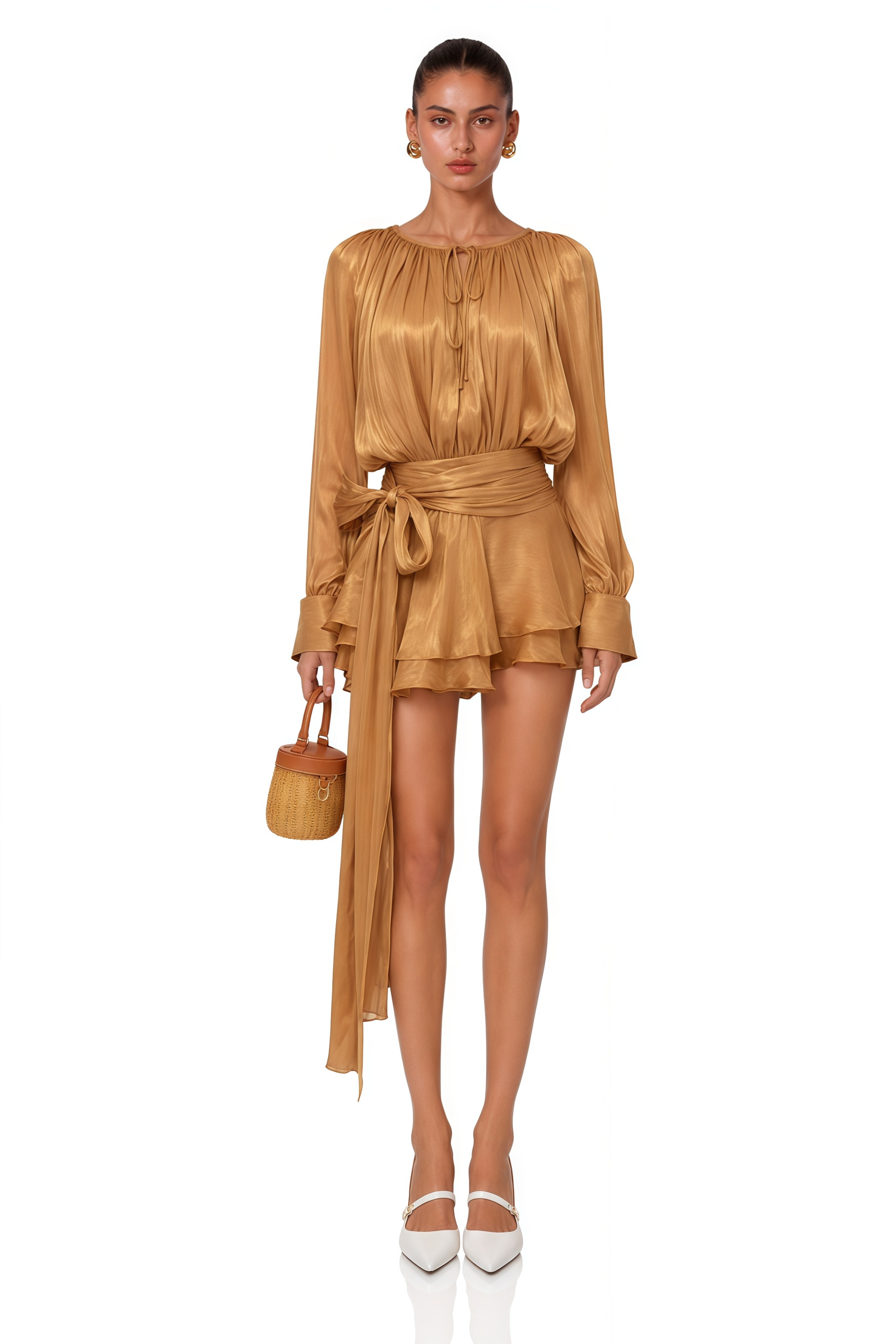 Eugénie Gold Fully Pleated Ruffled Mini Dress