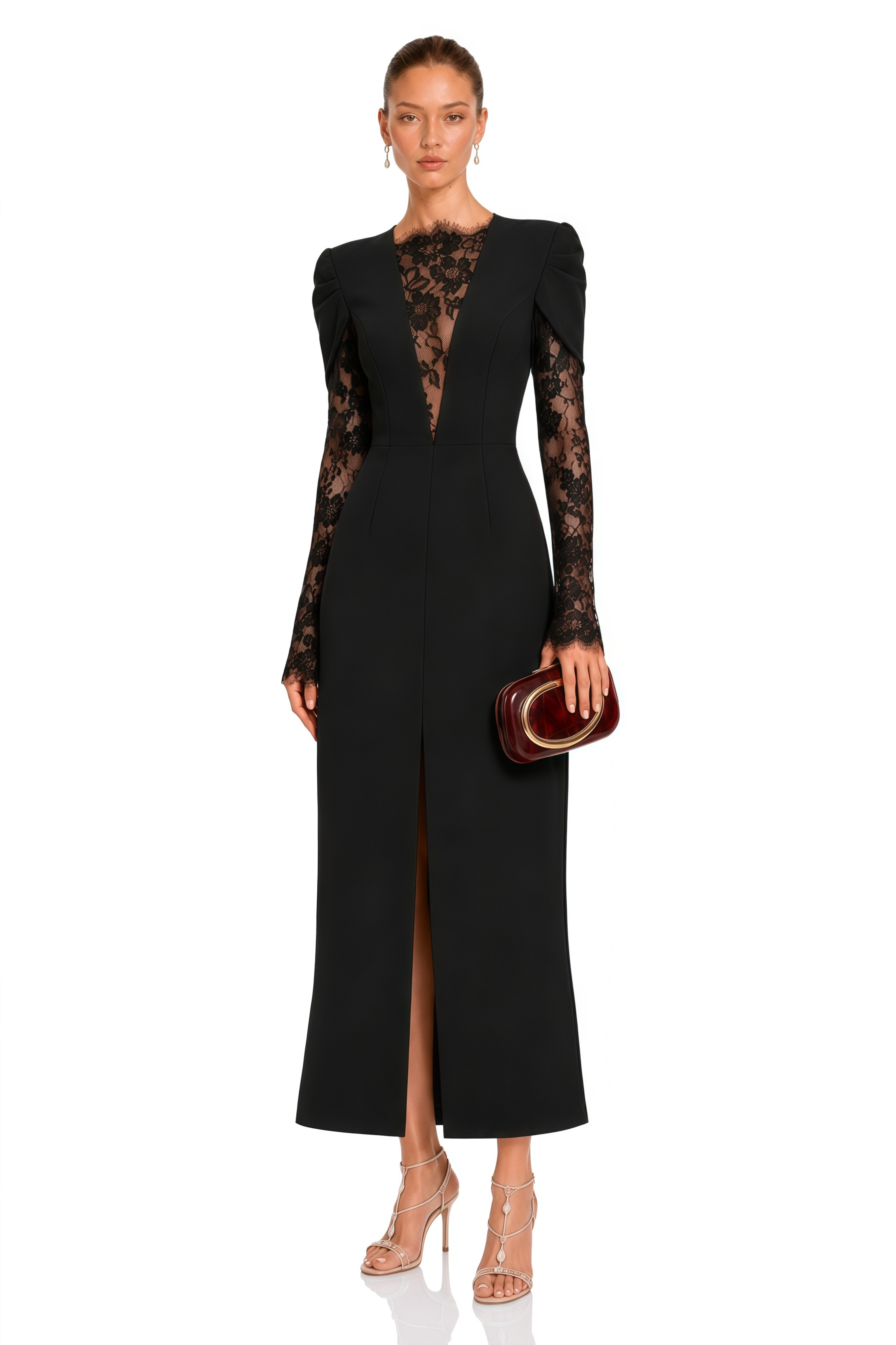 Rhea Black High Slit Lace Panel Midi Dress