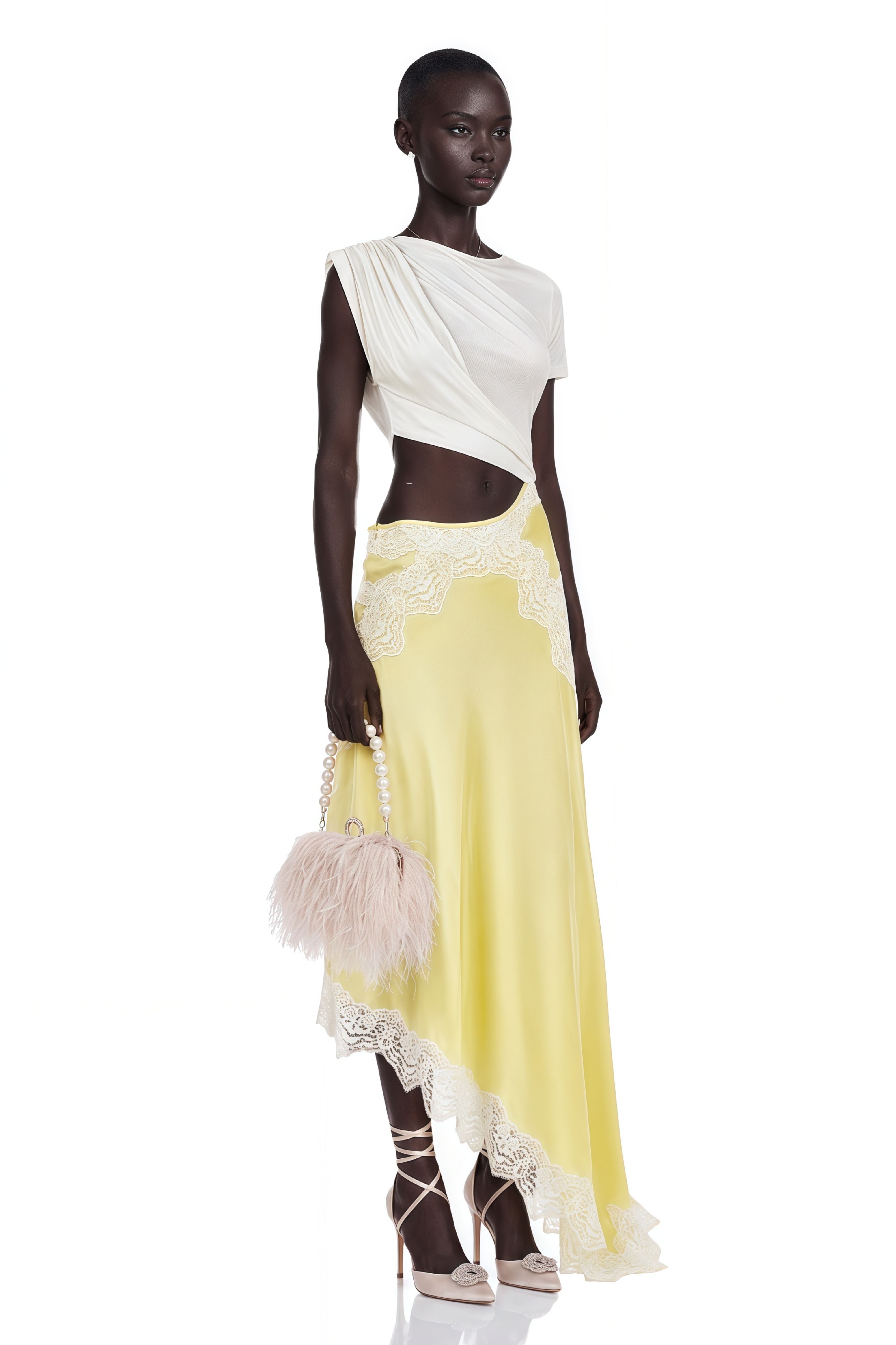 Fiamma Yellow Gathered Lace Panel Maxi Dress
