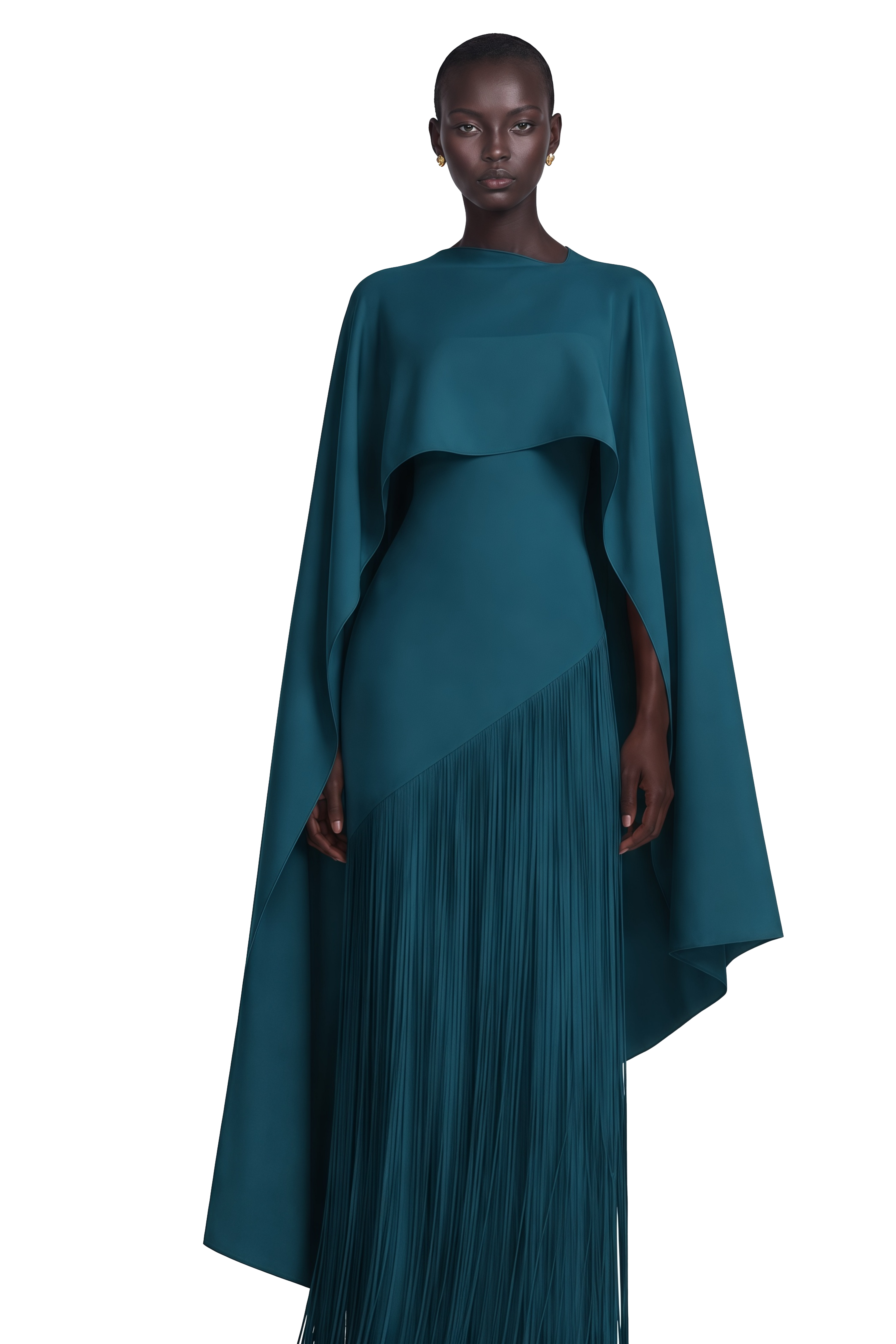 Cayetana Teal Fringe Maxi Dress with Cape Effect