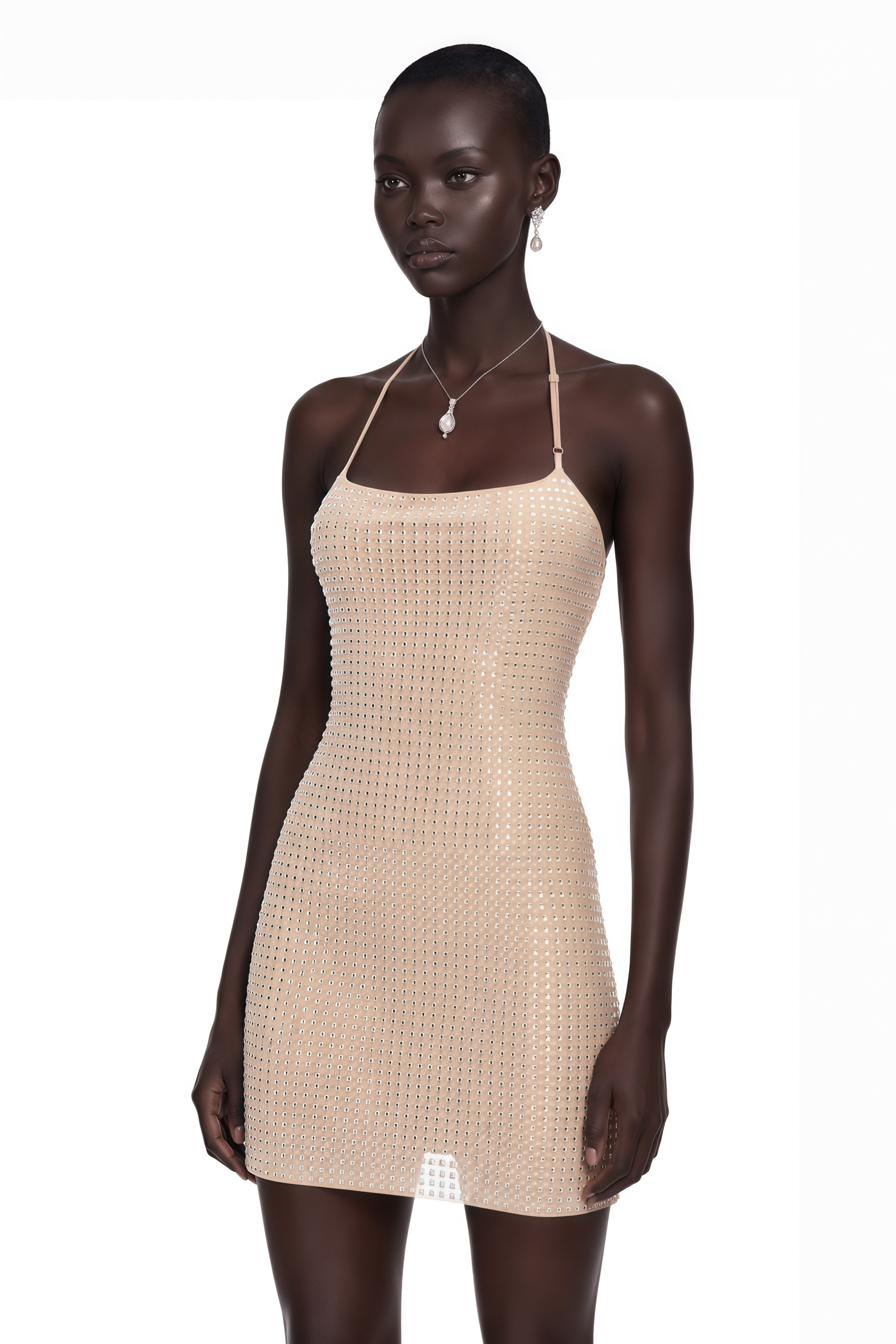 Bblythe Neutral Halterneck Rhinestone Mini Dress