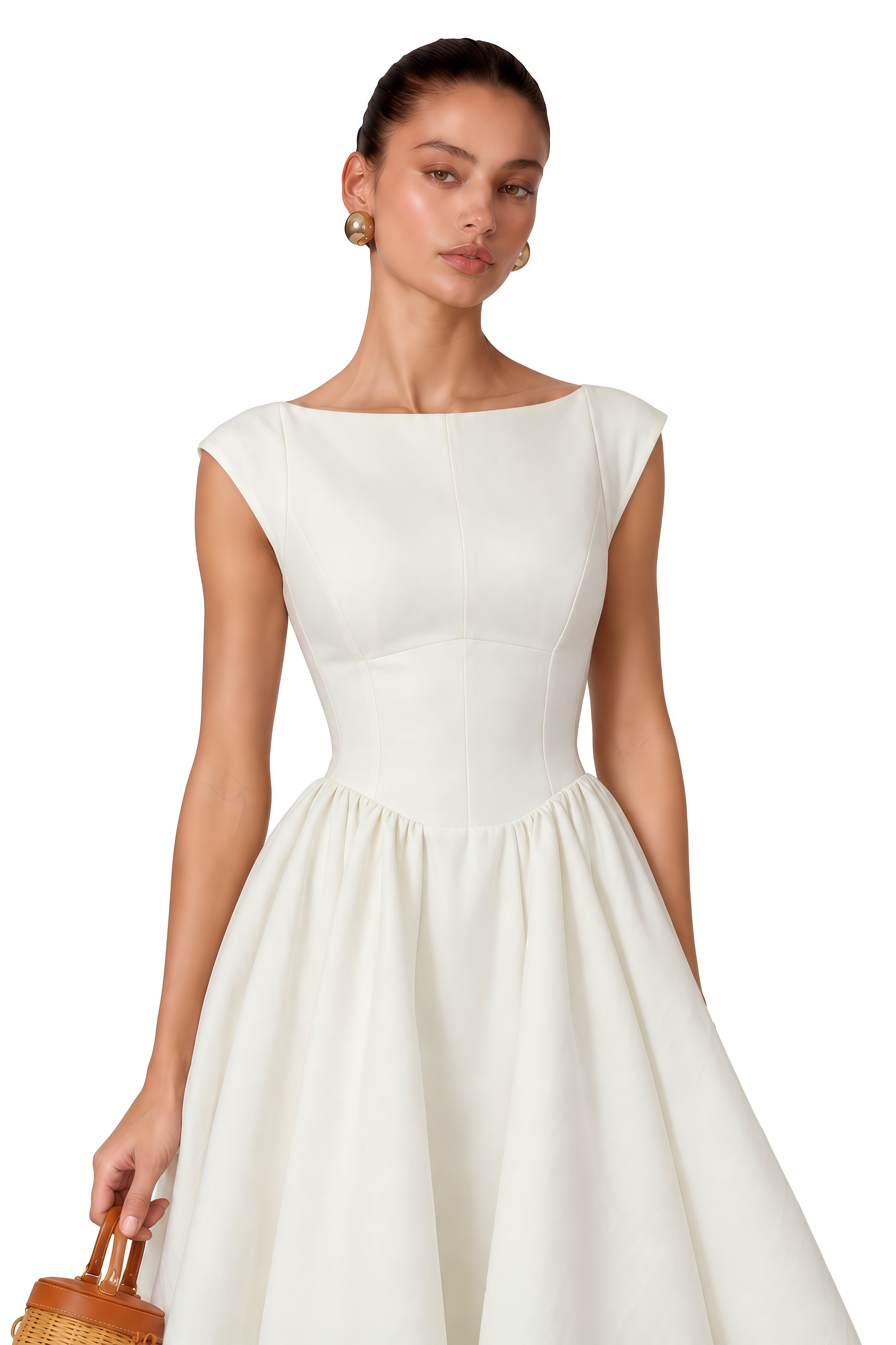 Amandine White Open-Back Cap-Sleeve Midi Dress