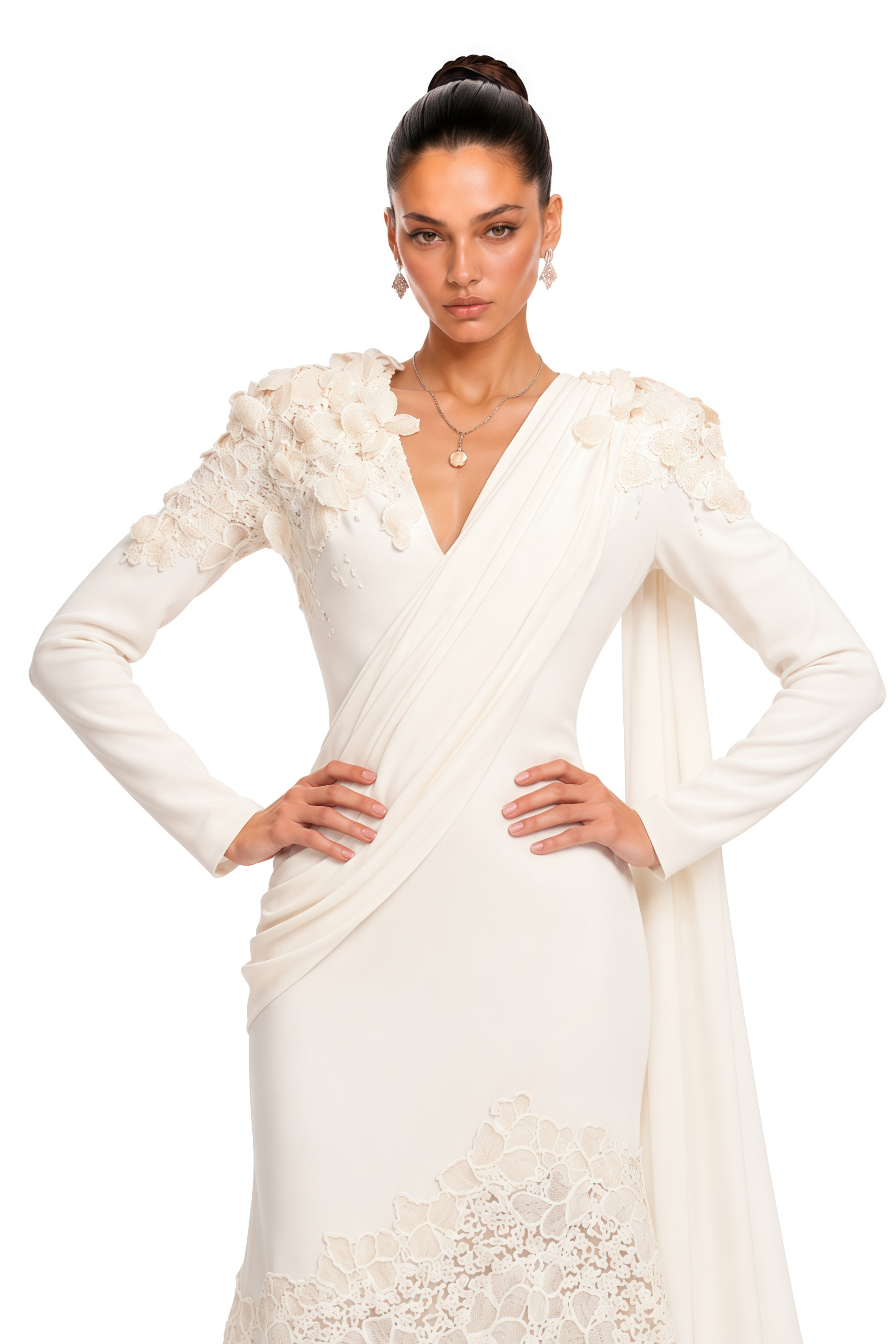 Calanthe Champagne Floral Lace Maxi Dress with Ribbon Detail