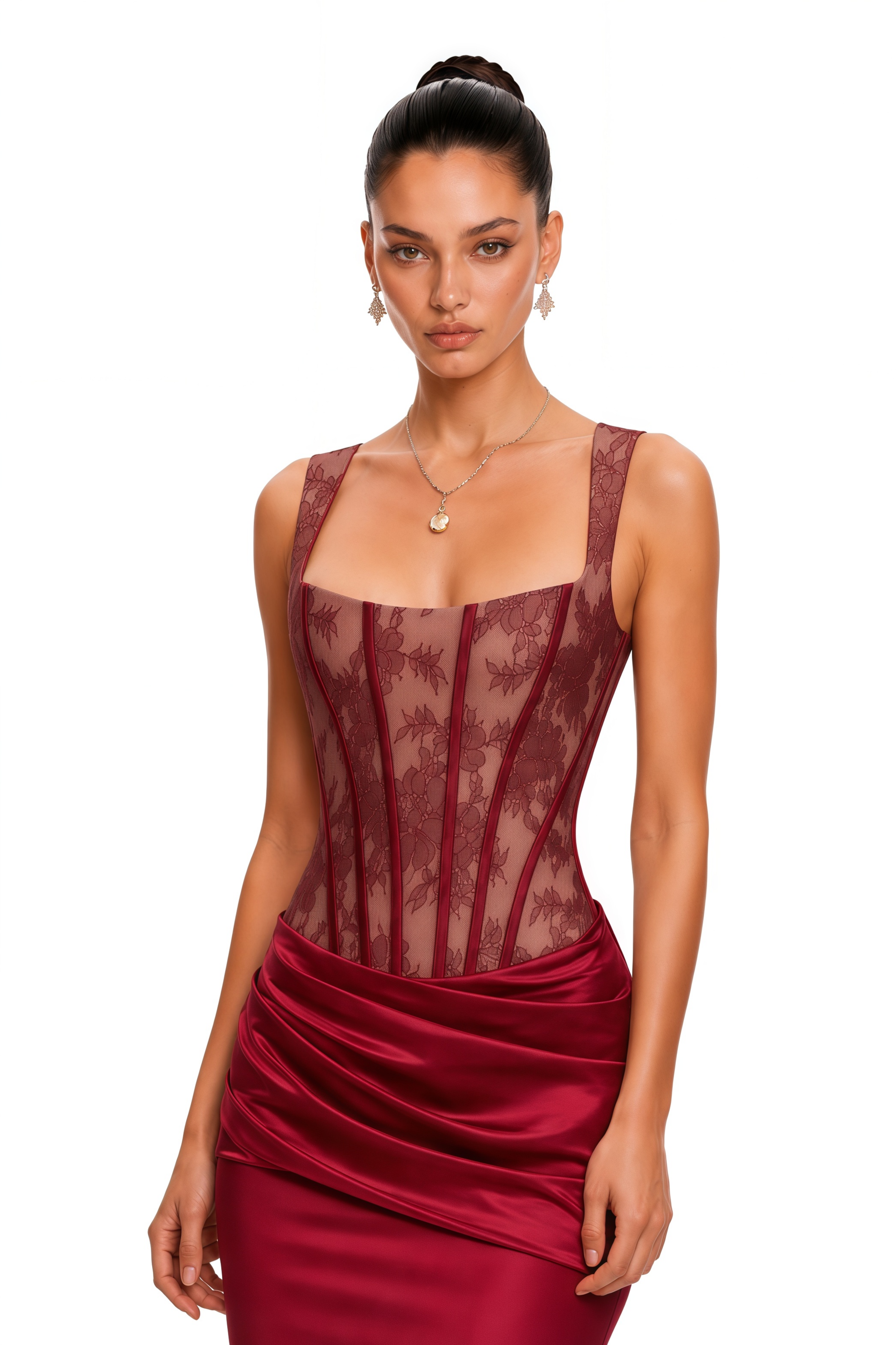 Olesya Red Lace Top & Ruched Skirt Set