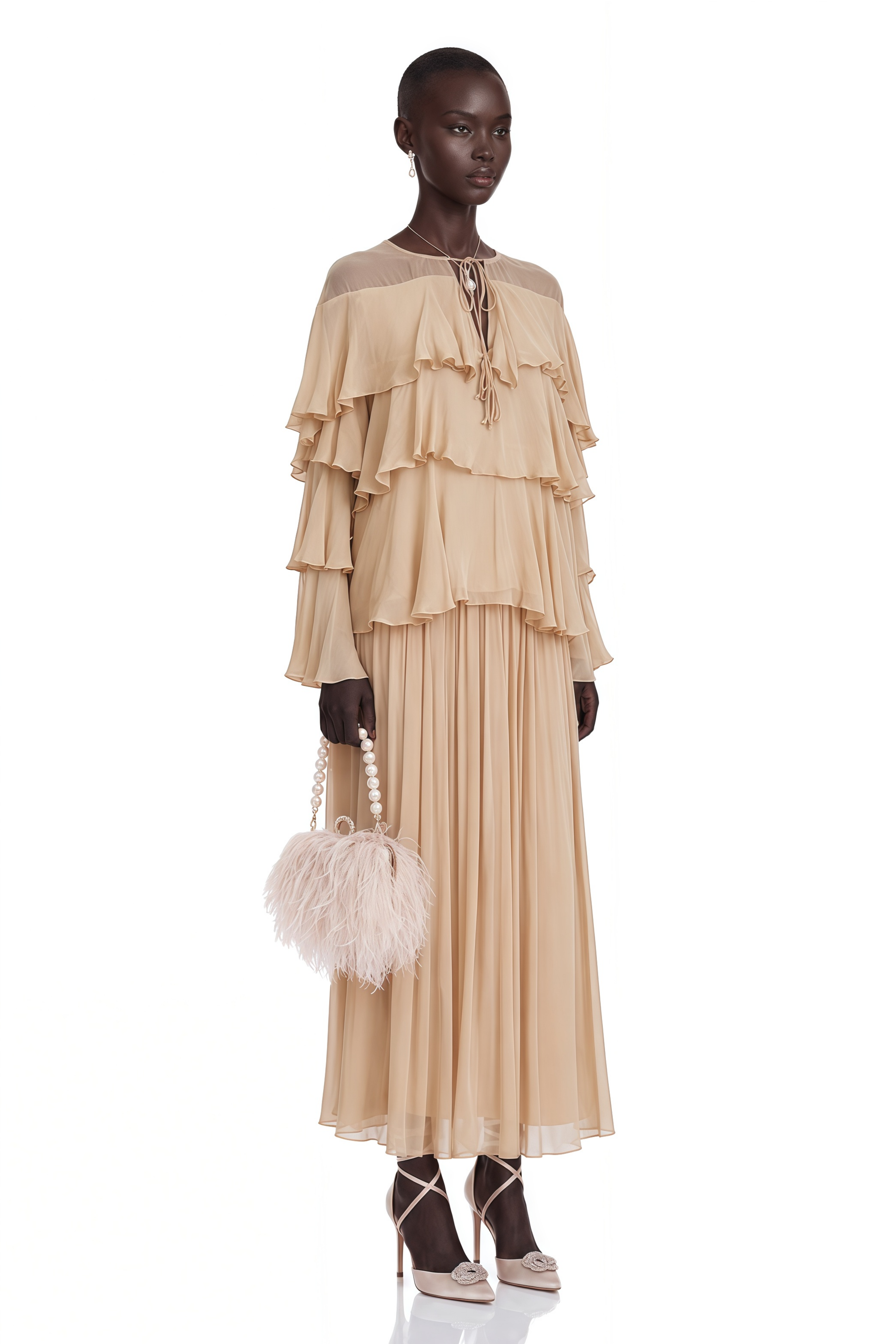 Brigitte Neutral Layered Chiffon Blouse & Skirt Set