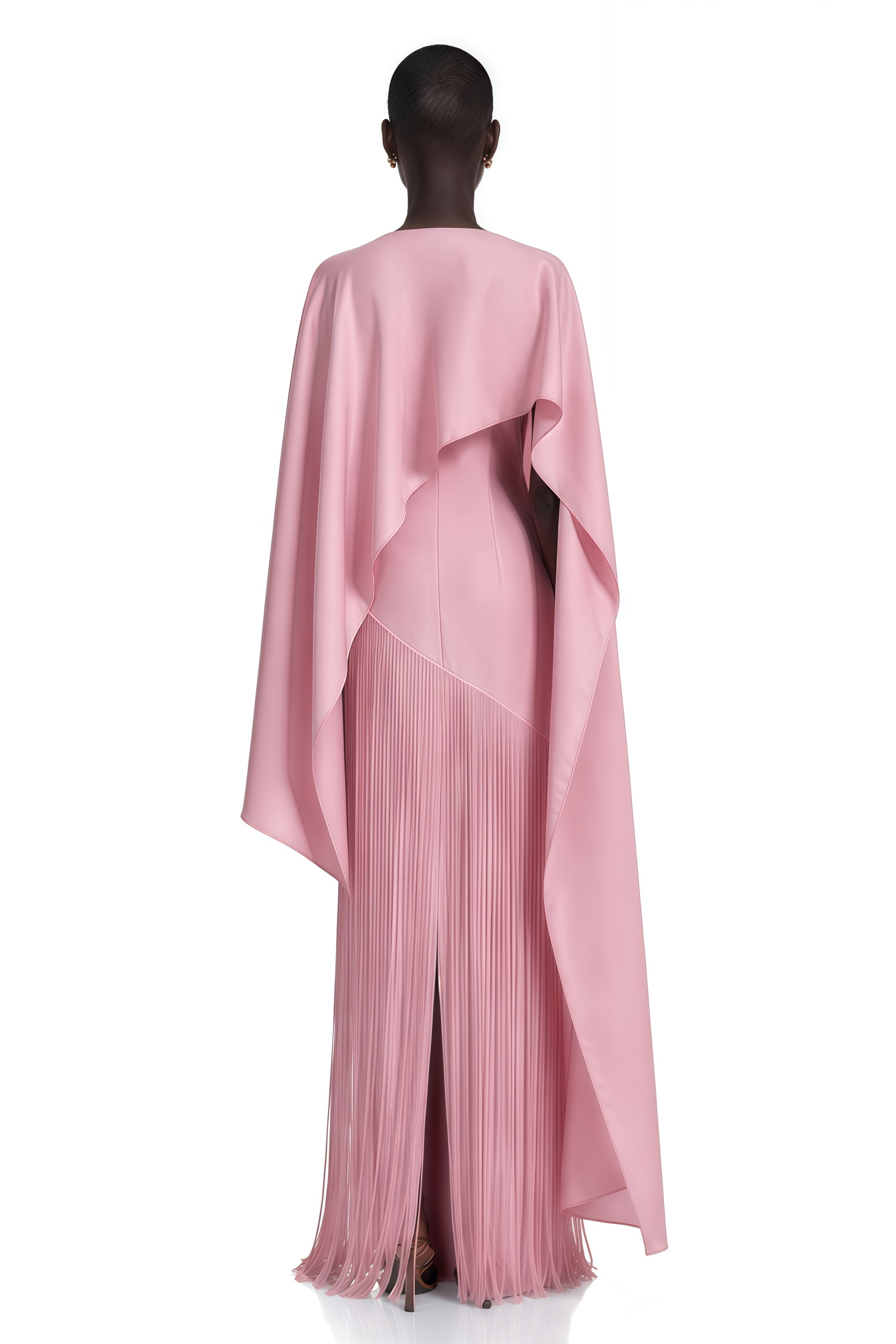 Cayetana Pink Fringe Maxi Dress with Cape Effect