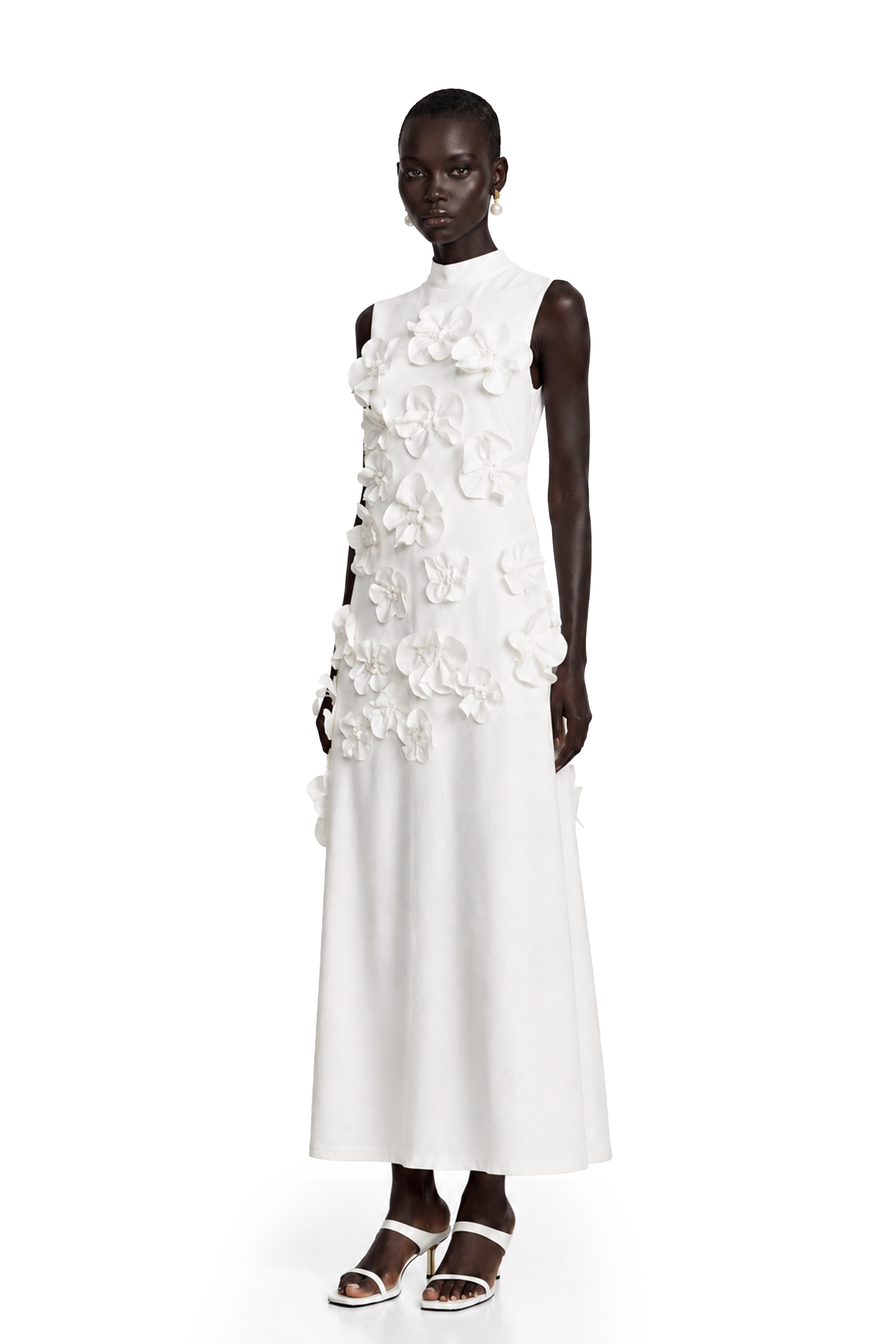 White sleeveless high-neck midi dress with 3D floral embellishments