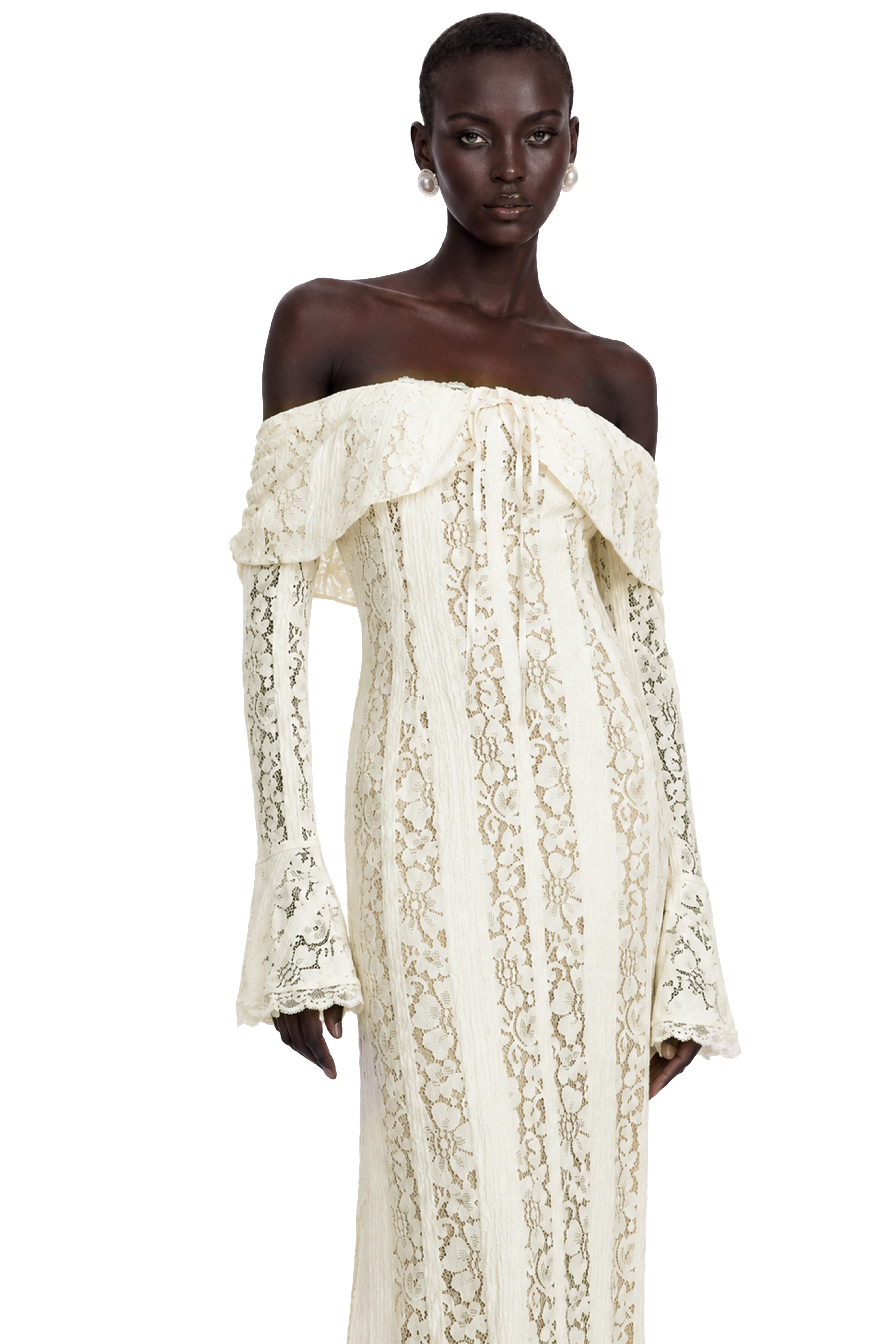 Cream off-the-shoulder lace gown with long bell sleeves