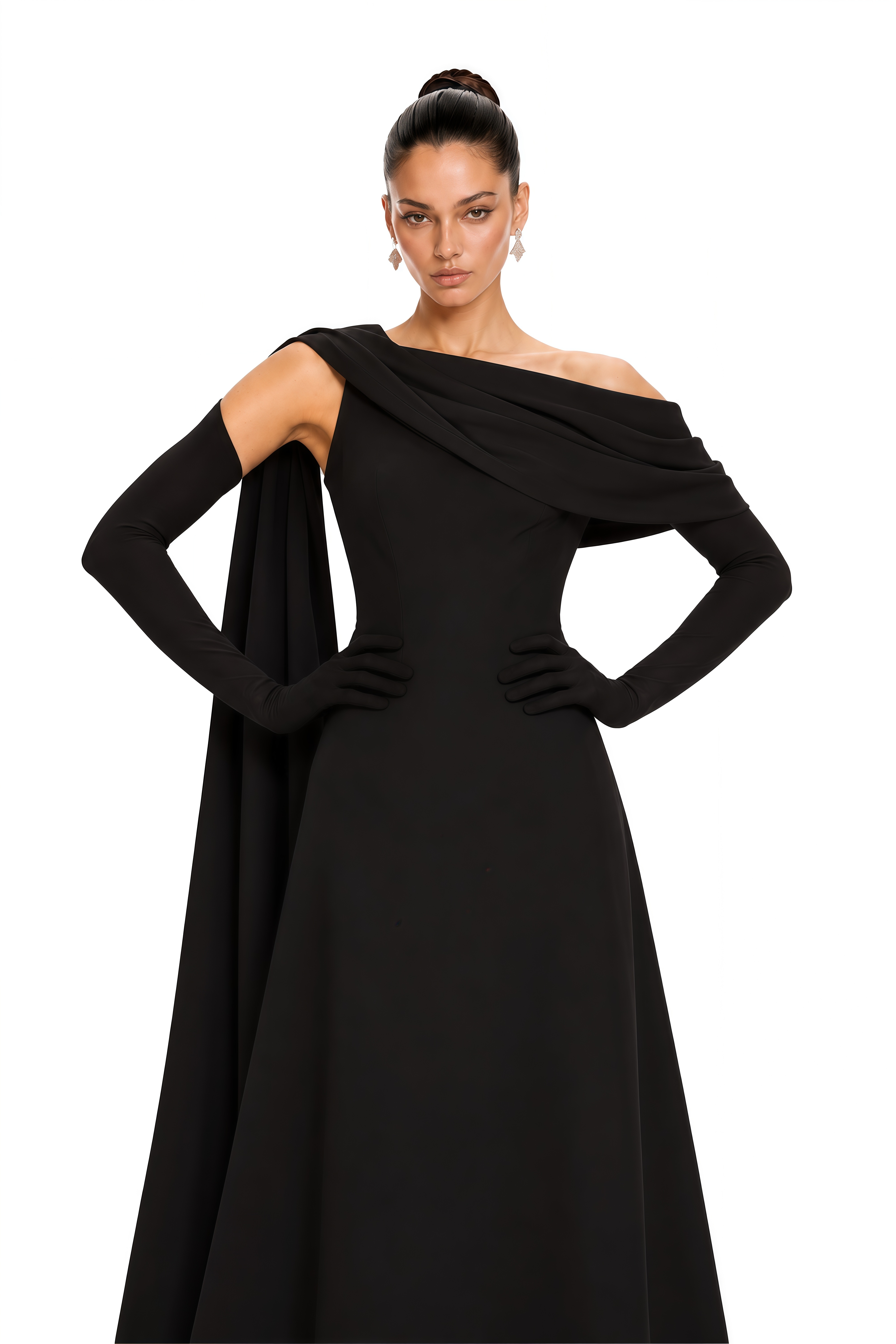 Annabelle Black Cape-Design Ribbon Maxi Dress (Without Gloves)