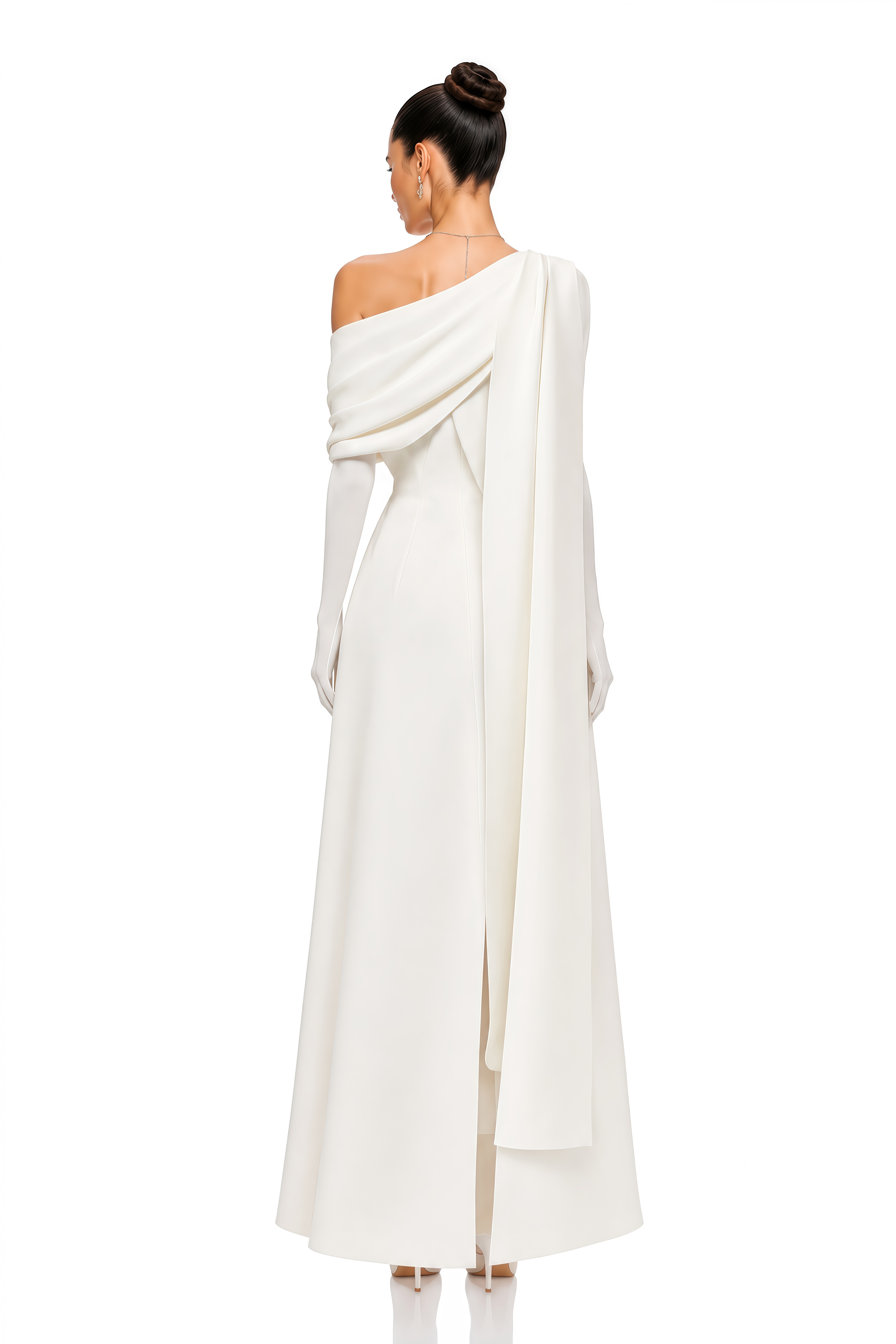 Annabelle White Cape-Design Ribbon Maxi Dress