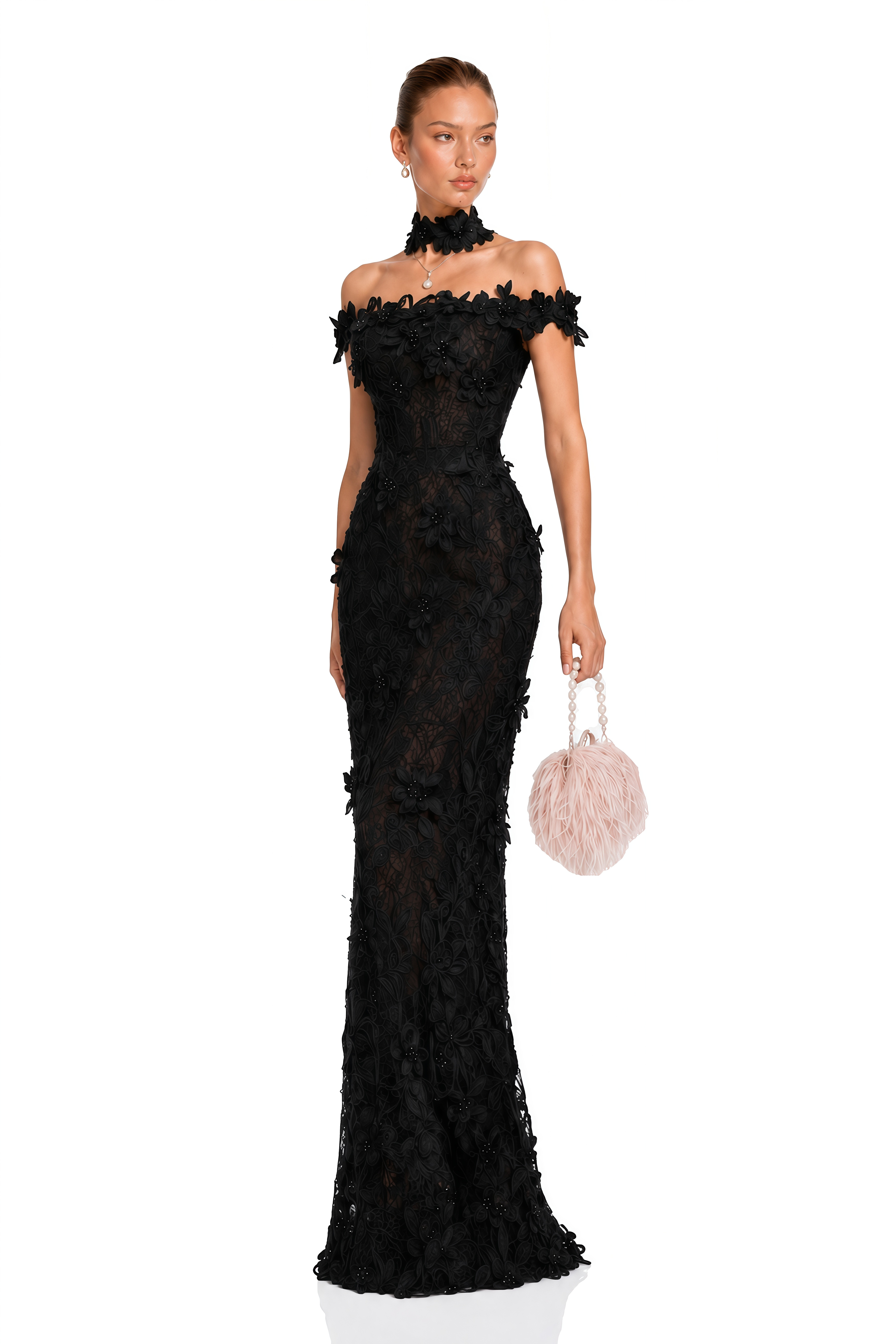Hecate Black Beaded Lace Maxi Dress with 3D Florals