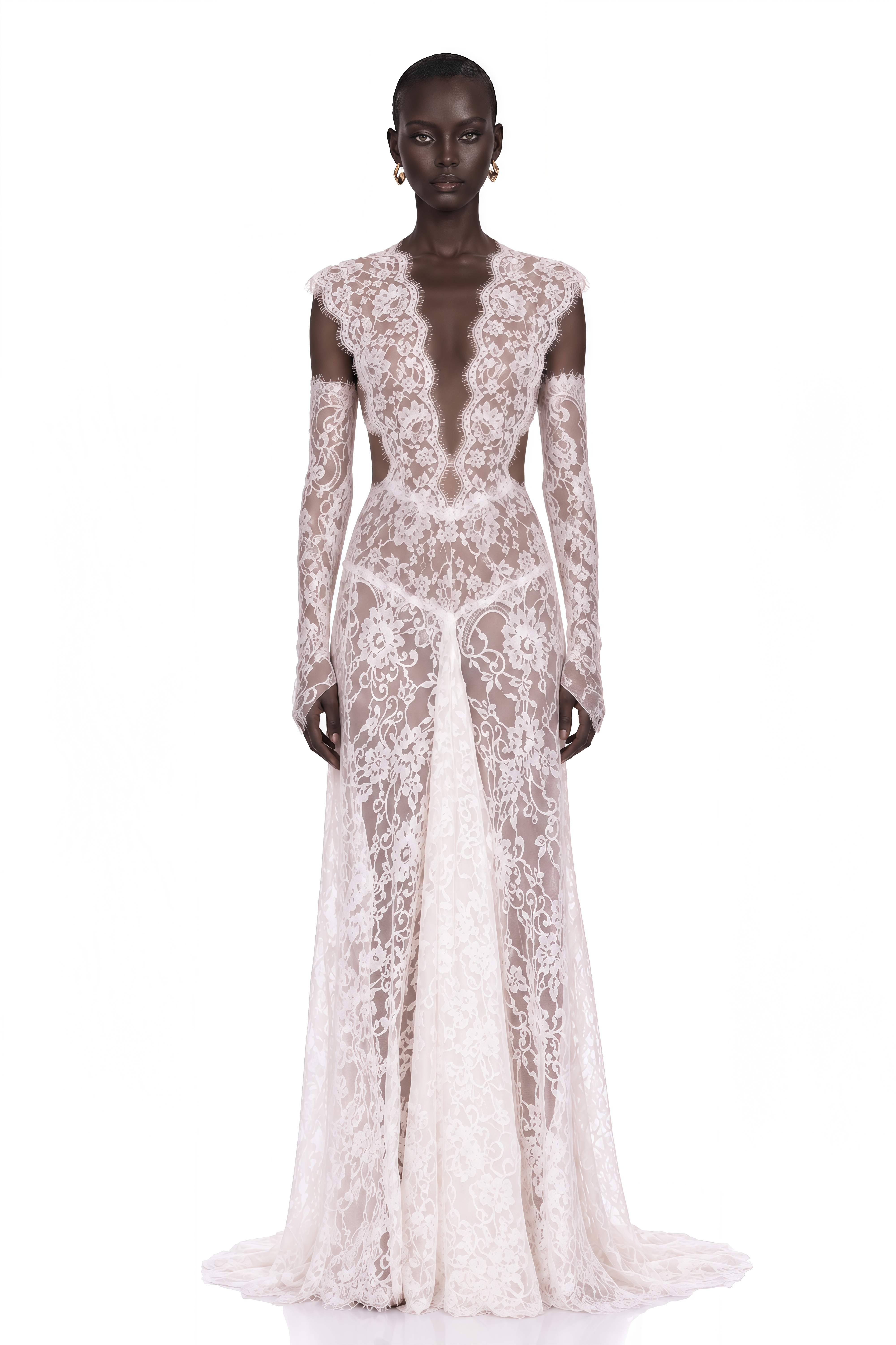 Hanna White Sheer Lace Maxi Dress with Deep V-Neck (Without Gloves)